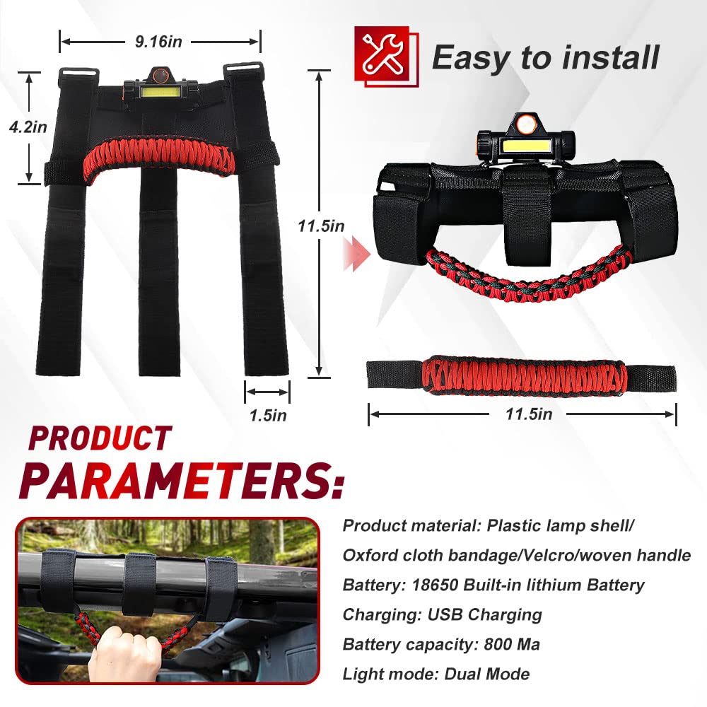 Premium Paracord Grab Handles with 2-Mode LED Lights for Jeep Wrangler TJ, CJ, YJ, JK, JL & Gladiator JT (1945-2021) - Durable Off-Road Accessories for 2.0-4.0 Inch Roll Bars - Red (1-Pack) - Perfect for Night Off-Roading & Camping Adventures