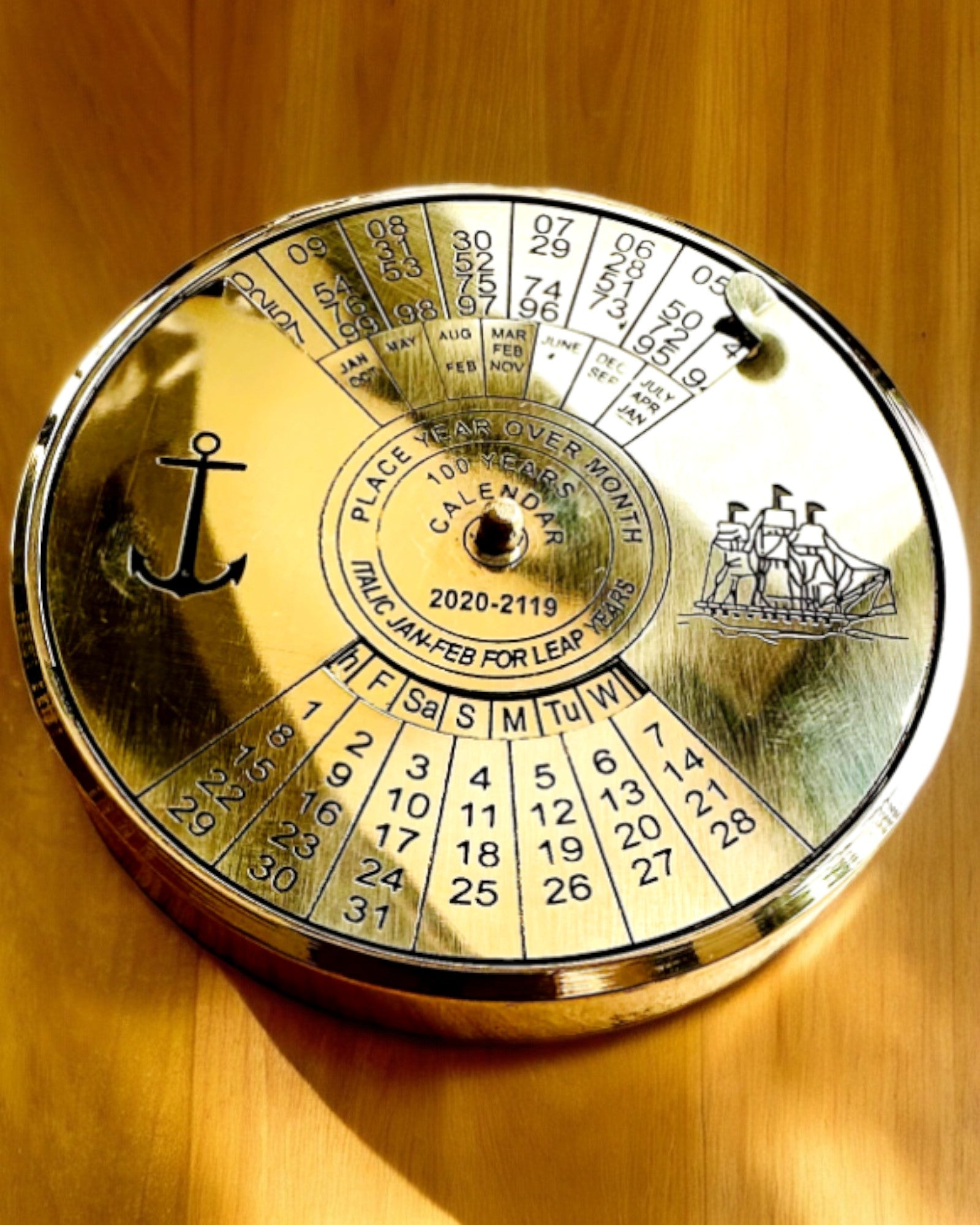 100 Year Brass Perpetual Calendar 'Sea Sail' - Engraved Gift for Anniversary, Wedding & Retirement | Home & Office Decor