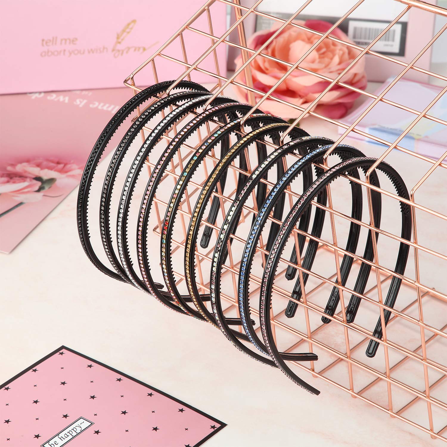 WILLBOND 9 Pack Rhinestone Crystal Headbands for Women - Skinny Plastic Hair Bands with Teeth, Thin Bling Hair Hoops (9 Colors) - Perfect for Weddings, Parties, and Everyday Fashion Accessories