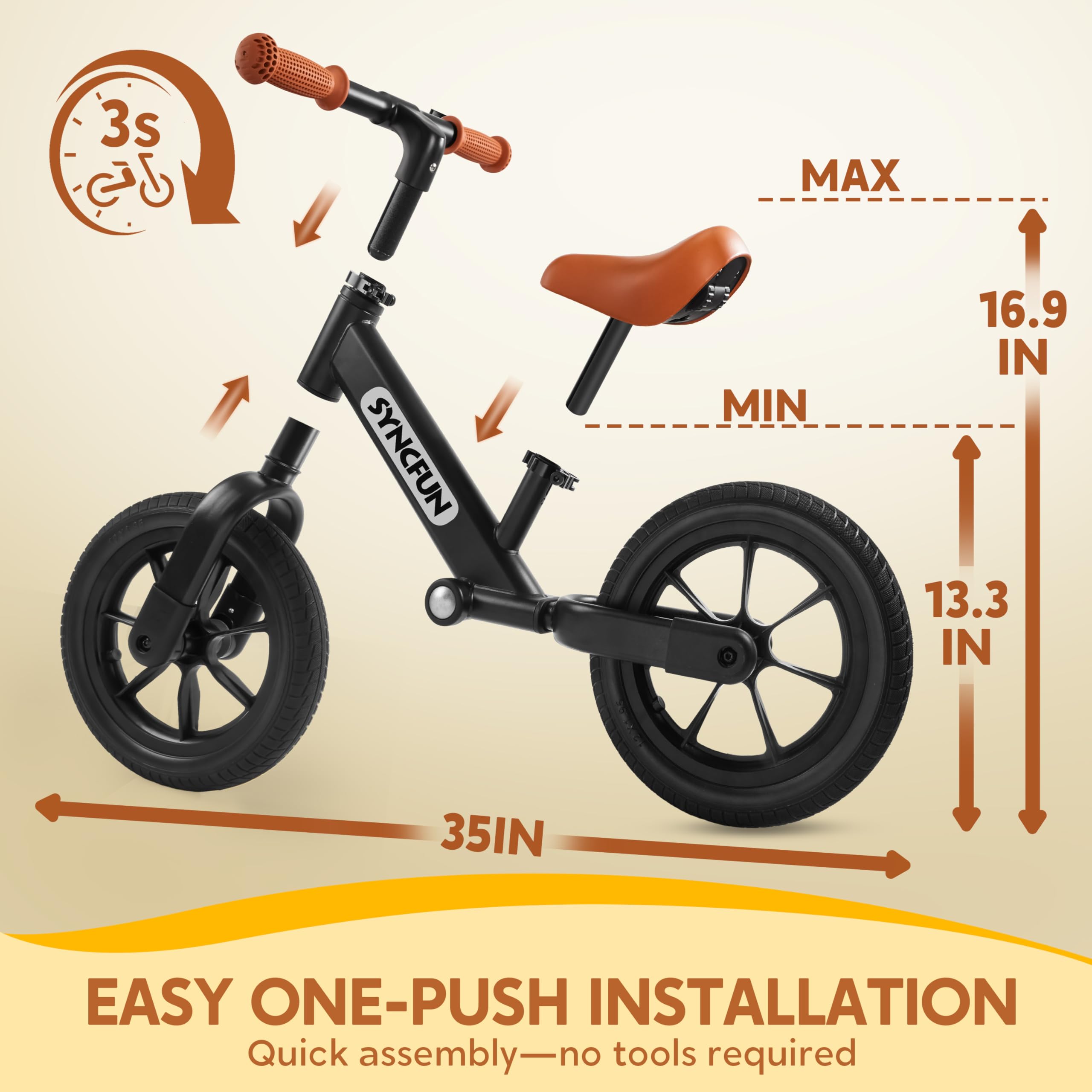 SYNCFUN 12'' Toddler Balance Bike for Kids 2-5 Years Old - Adjustable Seat & Carry Handle, Anti-Skid Tires - Perfect First Bike for Boys & Girls - Ideal for Outdoor Play, Learning to Ride & Birthday Gifts (Black)