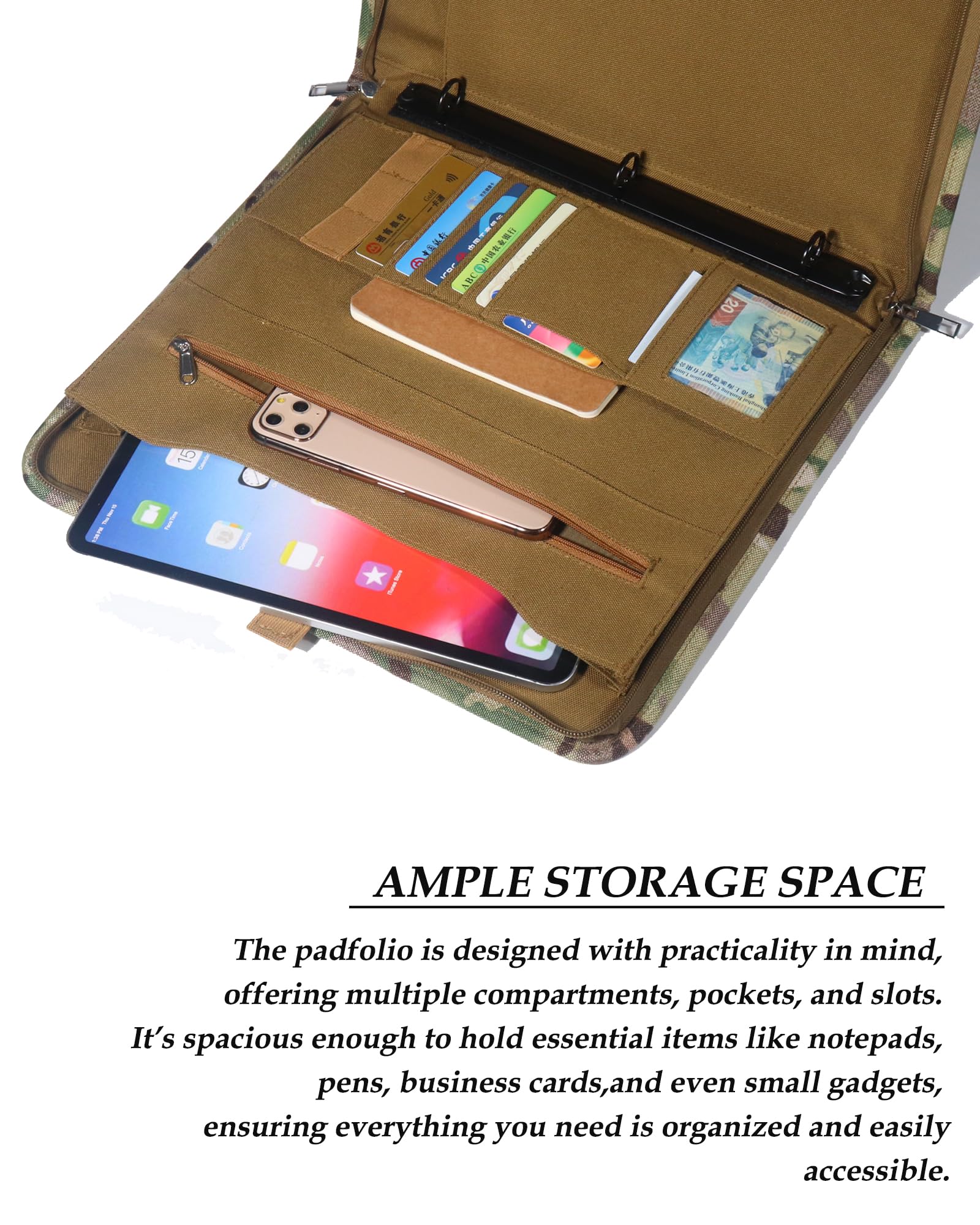 GEEDUD Tactical Padfolio Portfolio Binder with Zipper - 25 Sheets Letter Size Paper Included, A4 Notebook Cover with Detachable 3-Ring Binder (13.5 x 11.5 Inch) - Perfect for Office, School, Business Meetings and Military Use