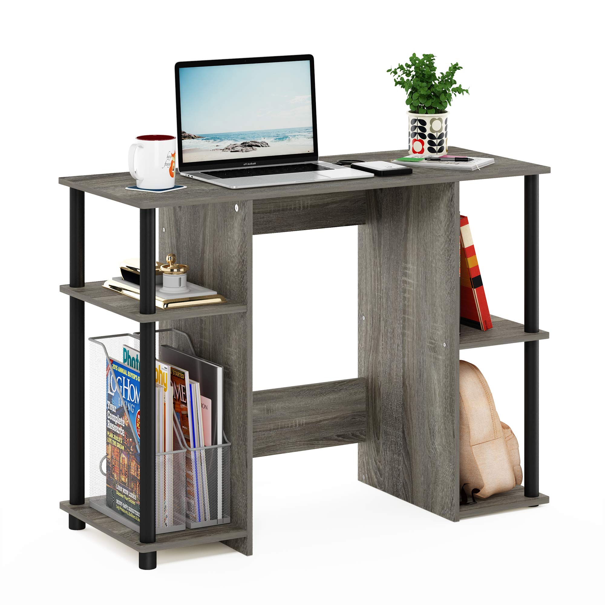 Furinno Jaya Computer Study Desk with Open Storage - French Oak Grey/Black | Compact Home Office Desk for Small Spaces | Perfect for Remote Work, Online Classes & Gaming Setup