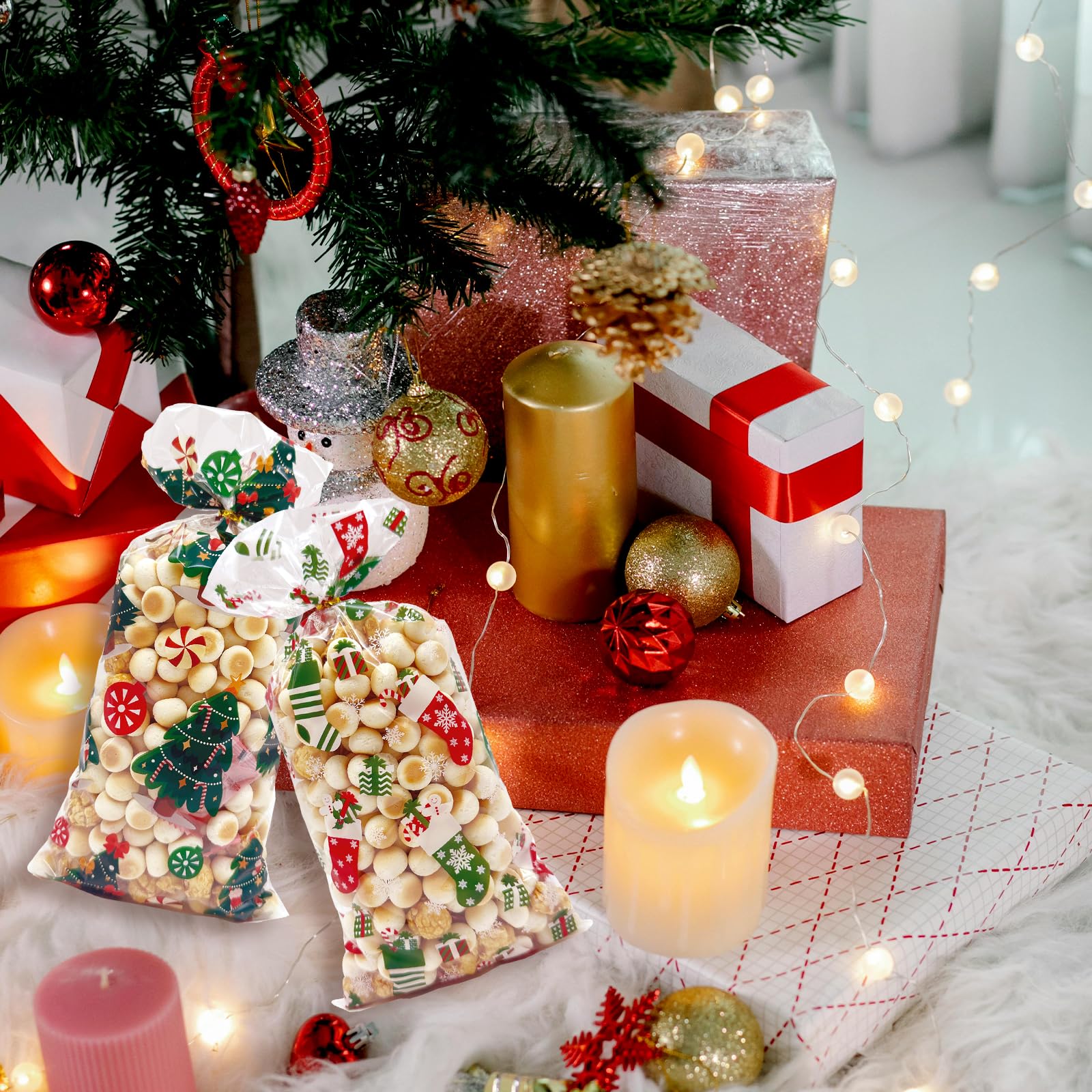 ONFAON Christmas Cellophane Treat Bags - 180pcs Holiday Candy Bags with 200pcs Twist Ties for Snacks, Cookies & Candy Packaging | Perfect for Christmas Party Favors, Gift Wrapping & Holiday Treat Bags
