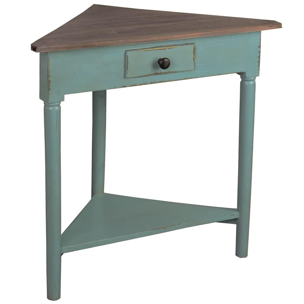 Vintage Shabby Chic Cottage Corner Table - Distressed Beach Blue with Driftwood Top for Coastal & Farmhouse Decor | Perfect for Living Room, Bedroom, or Porch