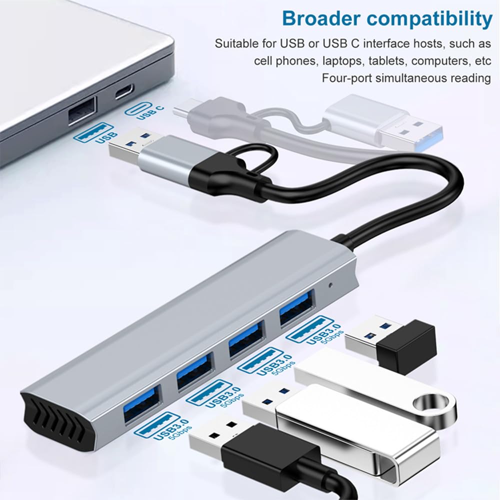 H.May 4-Port USB C Hub with USB 3.0 - 2-in-1 Type C & USB Splitter Adapter - High Speed Data Transfer - Compatible with MacBook Pro, iPad Pro, Dell, HP Laptops & Smartphones - Perfect for Home Office, Travel & Multi-Device Charging
