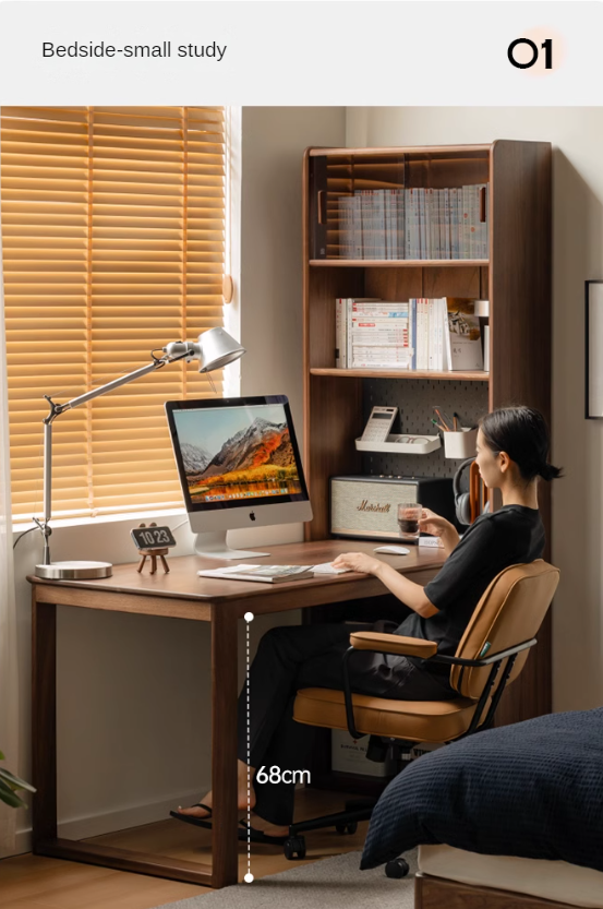 Premium Black Walnut Solid Wood Storage Cabinet with Integrated Office Desk - Modern Light Luxury Style for Home Office & Living Room Organization