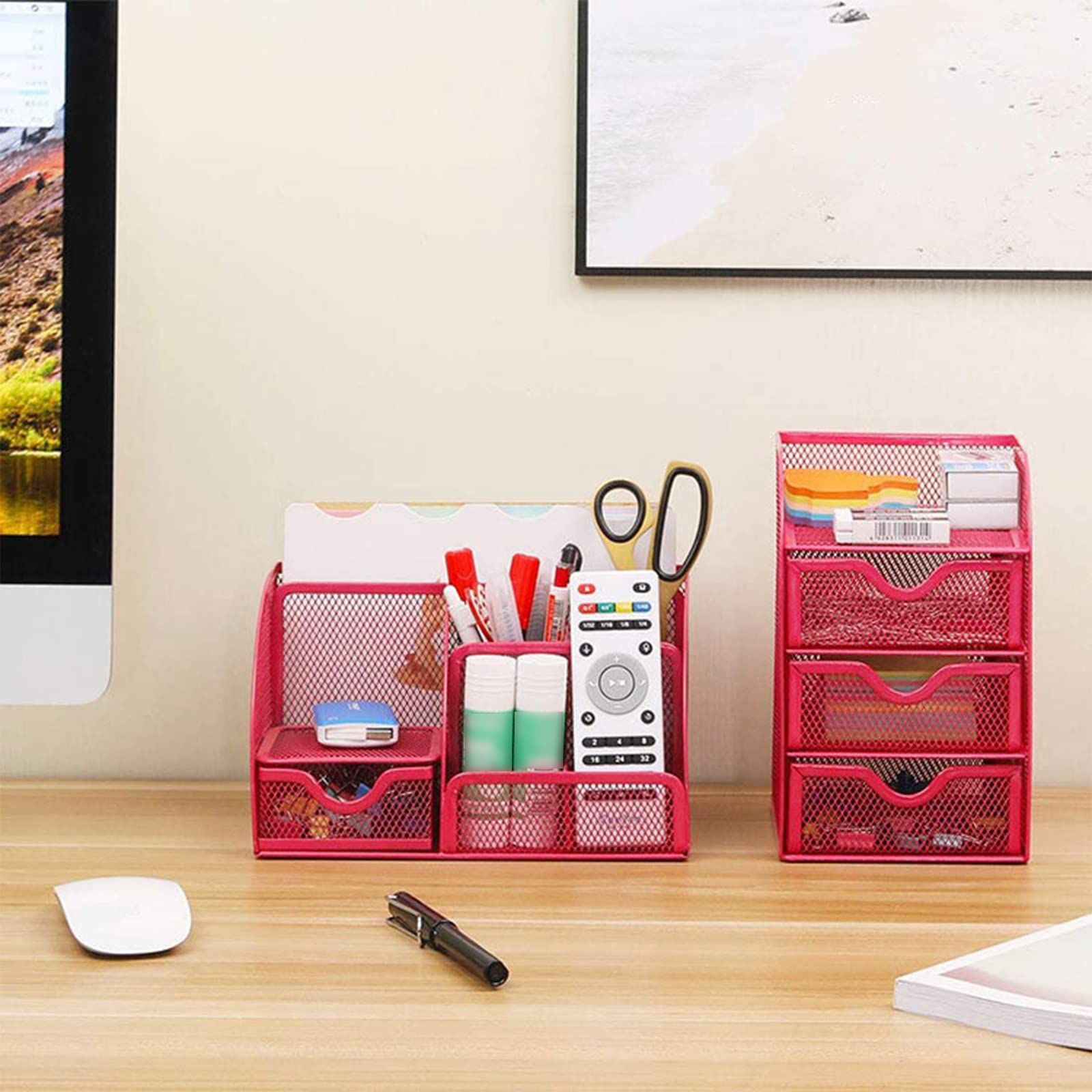 Mesh Pencil Holder with 7 Compartments - Desk Organizer for Pens, Markers, Scissors & Office Supplies - Perfect for Home, School & Office Use (Red)