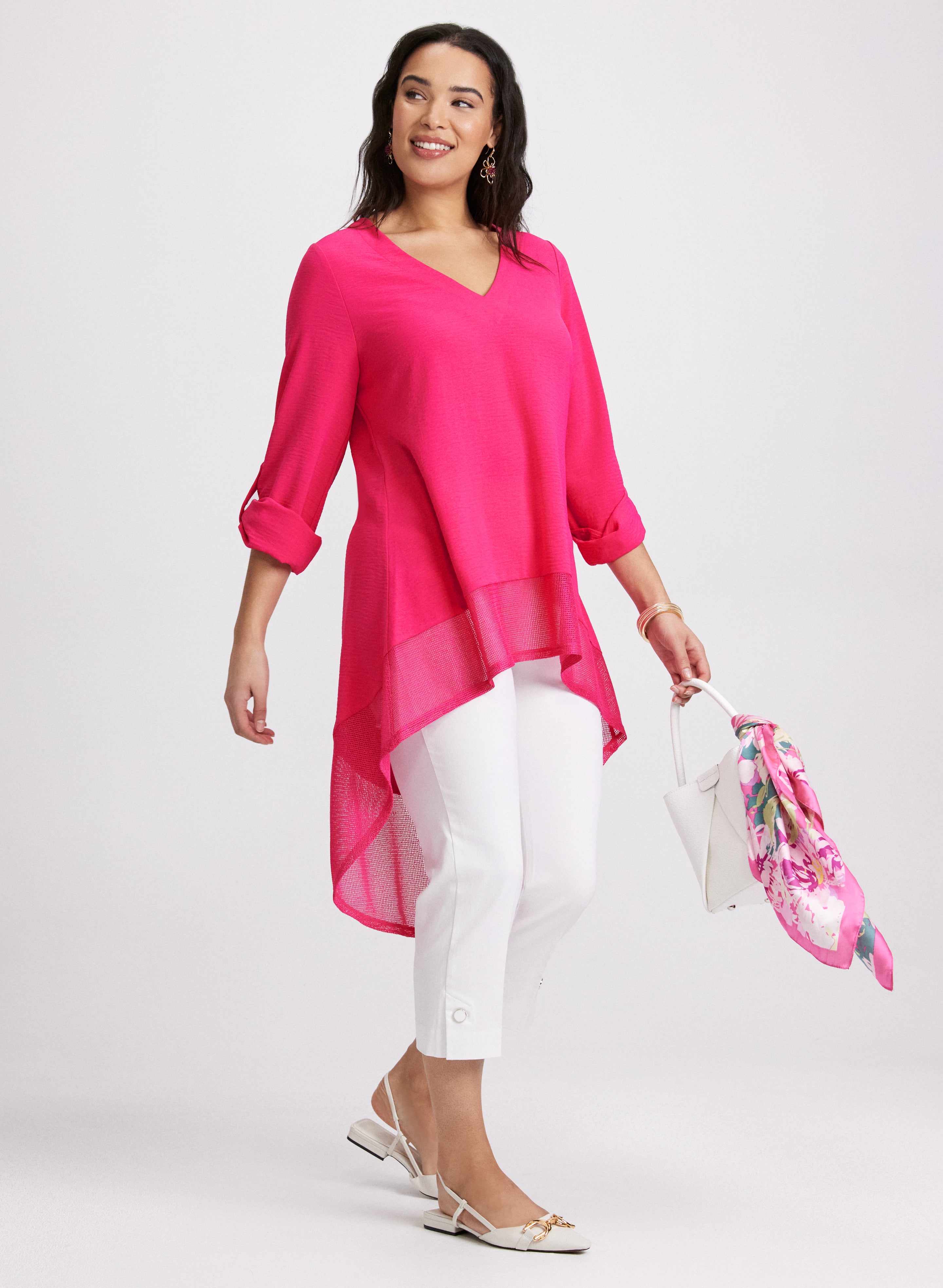 Asymmetric Mesh Hem Tunic Top - Women's Fashion Trendy Loose Fit Blouse for Casual Wear, Date Night & Office Outfits