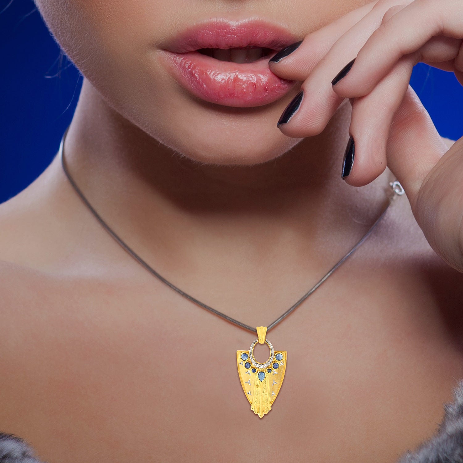 18K Solid Gold Bezel Set Blue Sapphire Pave Diamond Warrior Pendant Necklace for Women | Elegant Jewelry Gift for Birthday, Anniversary & Special Occasions