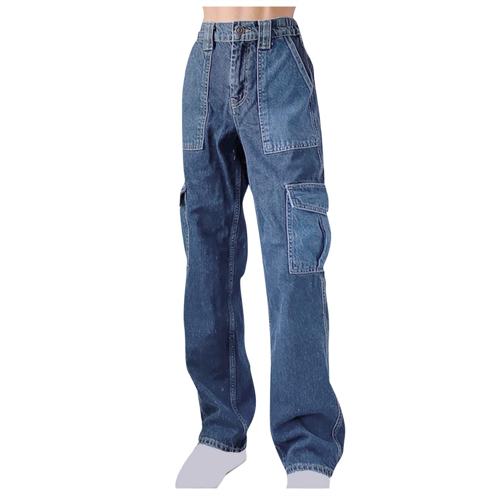 Women's High Waist Stretch Denim Pants - Relaxed Fit Cargo Jeans with Flap Pockets, Straight Wide Leg Design for Casual Wear | Perfect for Everyday Outfits, Street Style & Comfortable Lounge