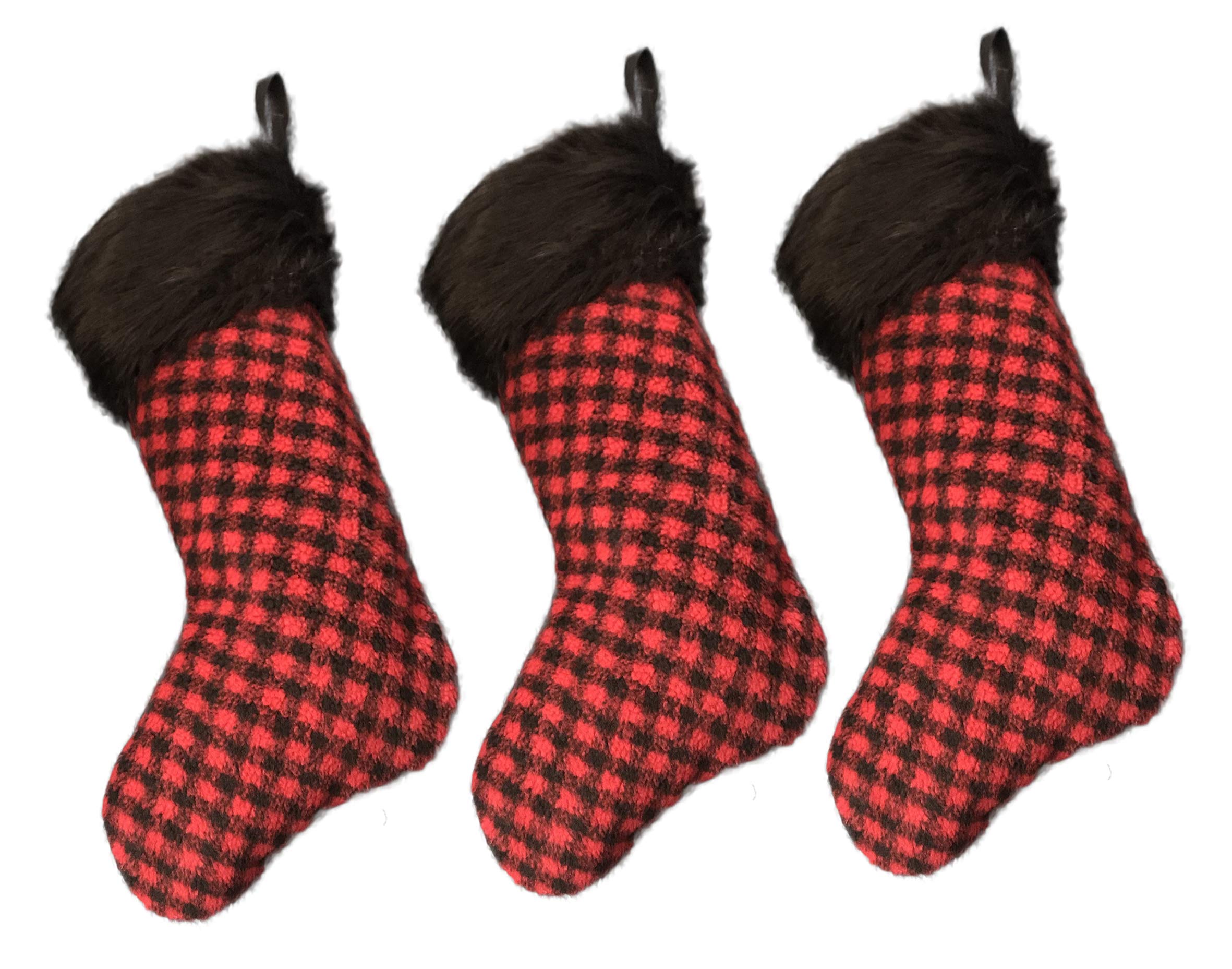 AISENO 3-Pack 20-Inch Black & Red Plaid Christmas Stockings with Faux Fur Trim - Holiday Decor, Candy Gift Bags for Fireplace Mantel, Tree Decorations & Festive Home Décor