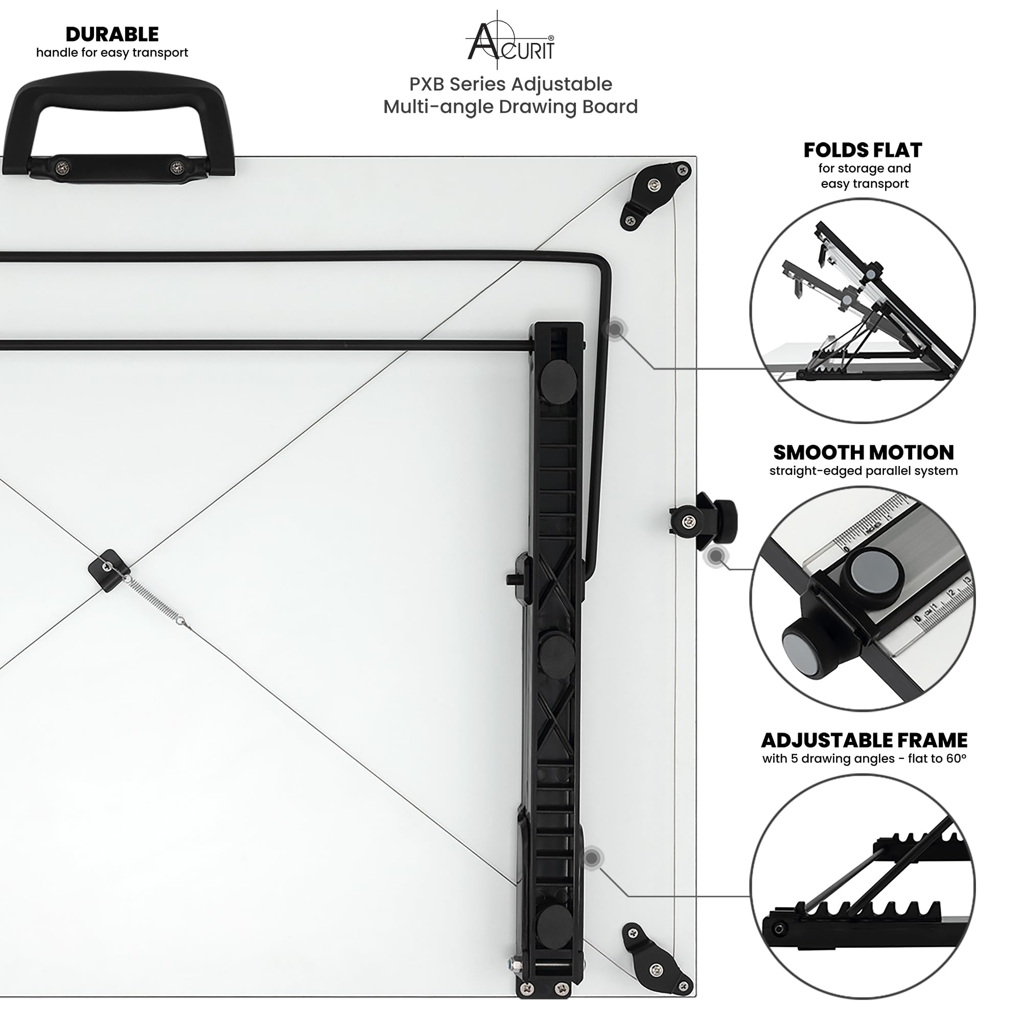 Acurit PXB 23” x 31” Professional Drawing Board for Artists, Designers & Architects - Portable Drafting Table with Multi-Angle Adjustable Laminated Surface, Built-in Ruler & Parallel Motion Bar - Perfect for Sketching, Painting, Technical Drawing & Home Office Workspace
