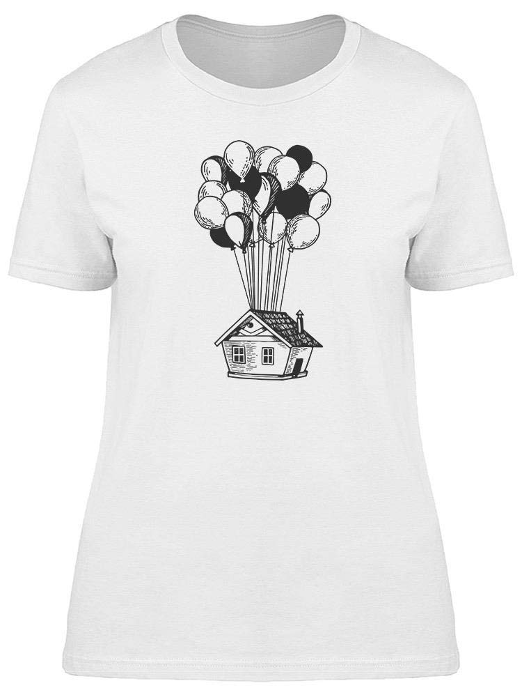 Women's House Flying On Air Balloons Graphic Tee - Casual Streetwear T-Shirt for Everyday Wear & Unique Fashion Statement