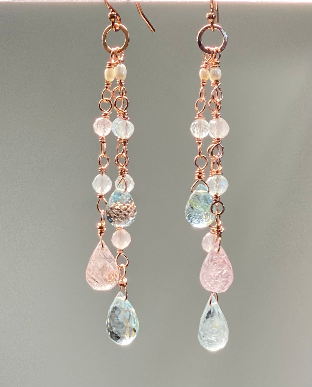 Rose Gold Aquamarine Gemstone Dangle Earrings - Long Tassel Drop Earrings for Women | Perfect for Weddings, Parties & Evening Events