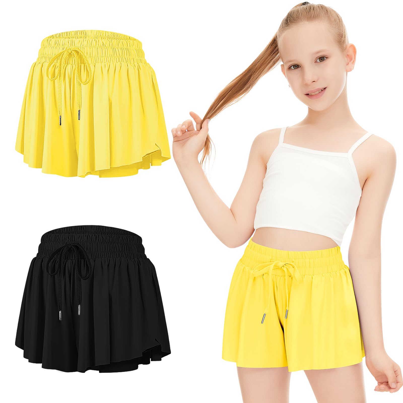 Butterfly Print Girls' Athletic Shorts with Pockets - 2-in-1 Running Shorts for Kids | Perfect for Sports, Play & Summer Activities