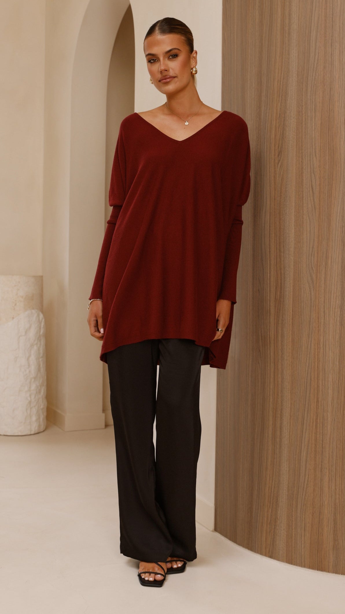 Amalia Knit Top Women's Burgundy V-Neck Long Sleeve Casual Blouse for Work & Everyday Wear