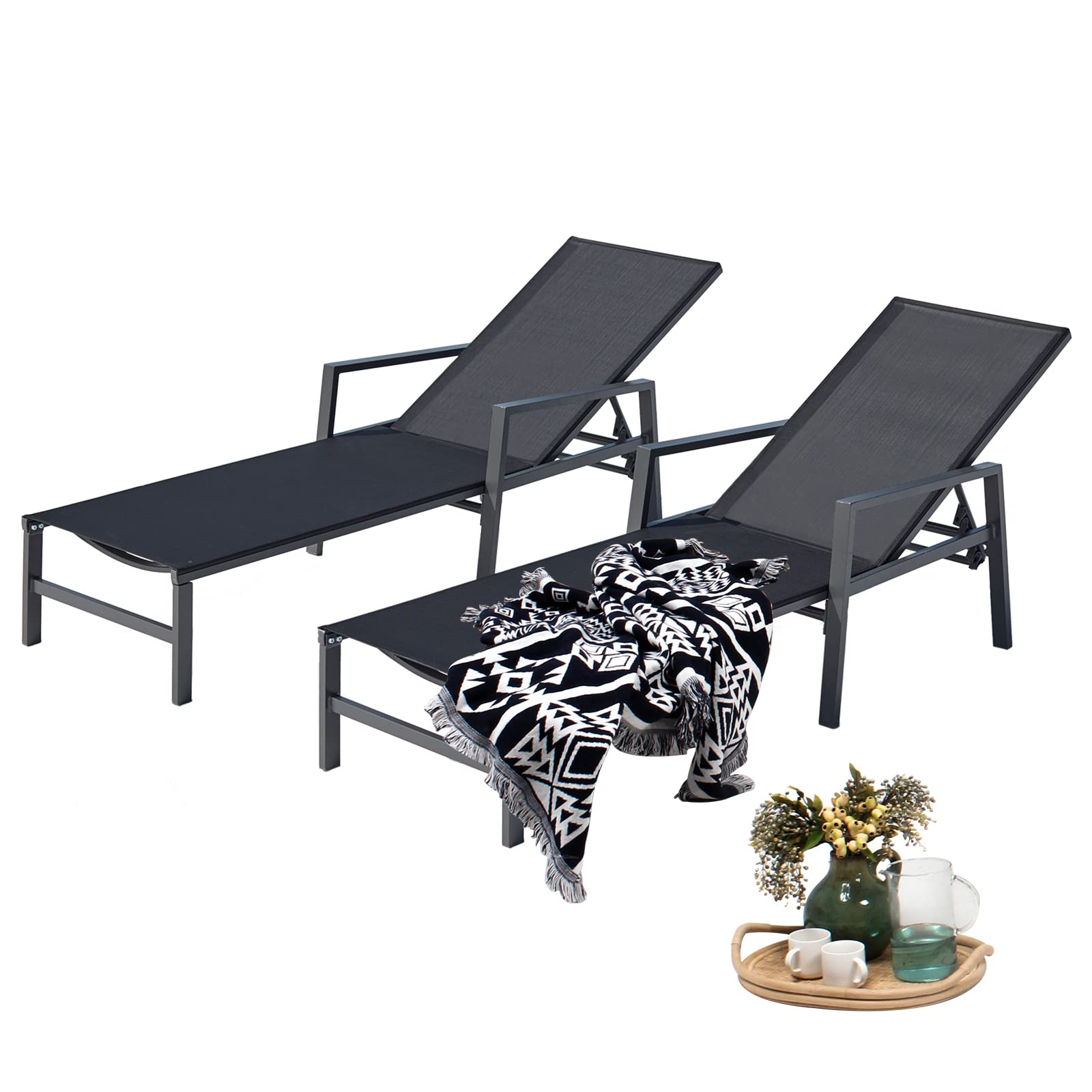 SUMETURE 2-Pack Aluminum Adjustable Outdoor Chaise Lounge Chairs with Armrests - Patio, Beach, Poolside, Balcony, Lawn & Yard Furniture - Heavy Duty Black Lounge Chairs for Relaxing in Sun or Shade