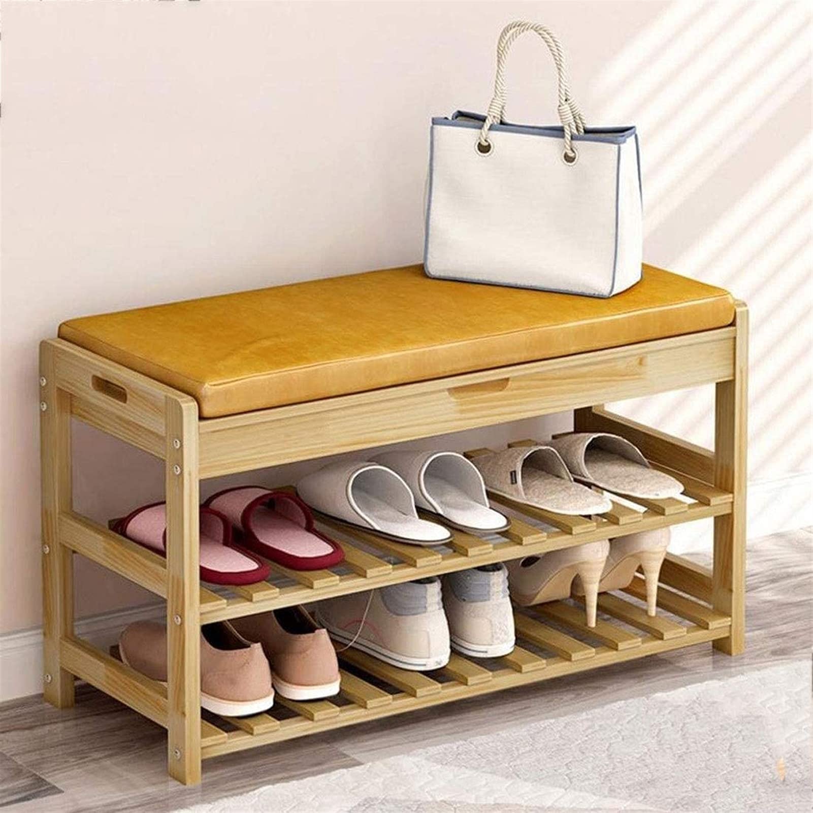 Wooden Shoe Storage Bench with Seat Cushion - Multifunctional Shoe Rack Organizer for Entryway, Closet & Hallway - Space Saving Shoe Cabinet for Home & Office Organization