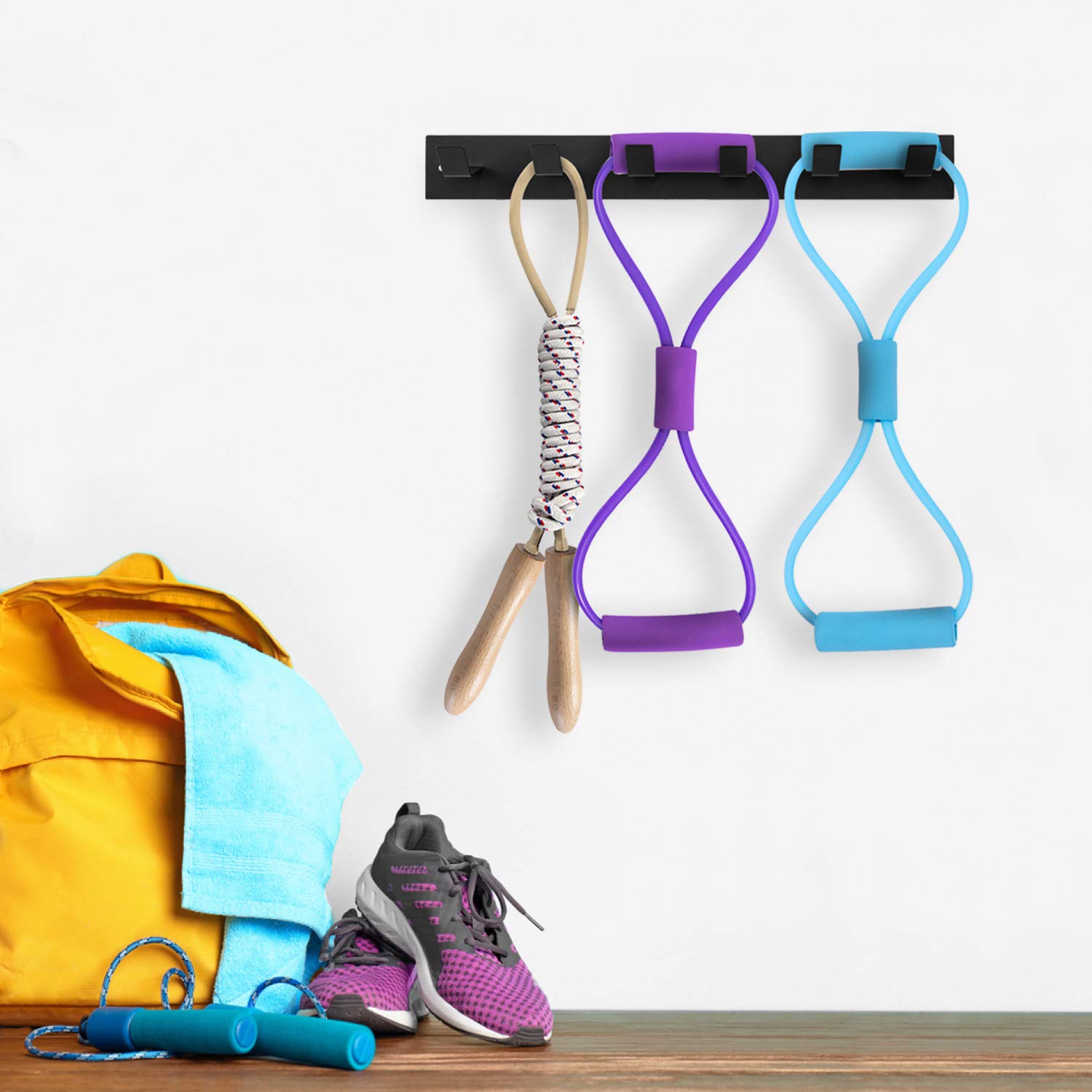 Black Metal Wall Mounted Gym Equipment Rack - 6 Hook Exercise Organizer for Resistance Bands, Jump Ropes & Weight Belts - Perfect for Home Gym, CrossFit & Fitness Accessories Storage