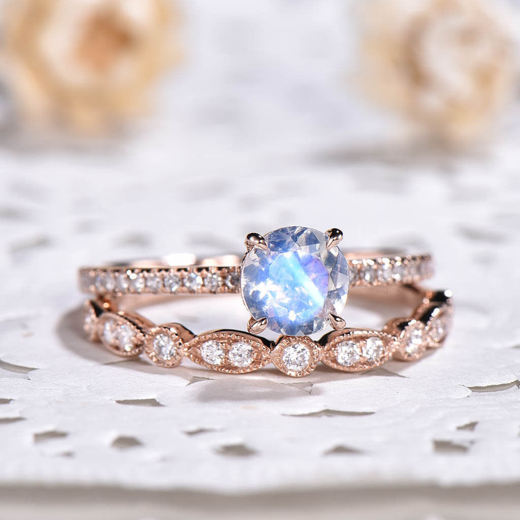 Vintage Rainbow Moonstone Diamond Rose Gold Engagement Ring Set - 2 Piece Bridal Jewelry for Wedding, Proposal & Anniversary Gifts