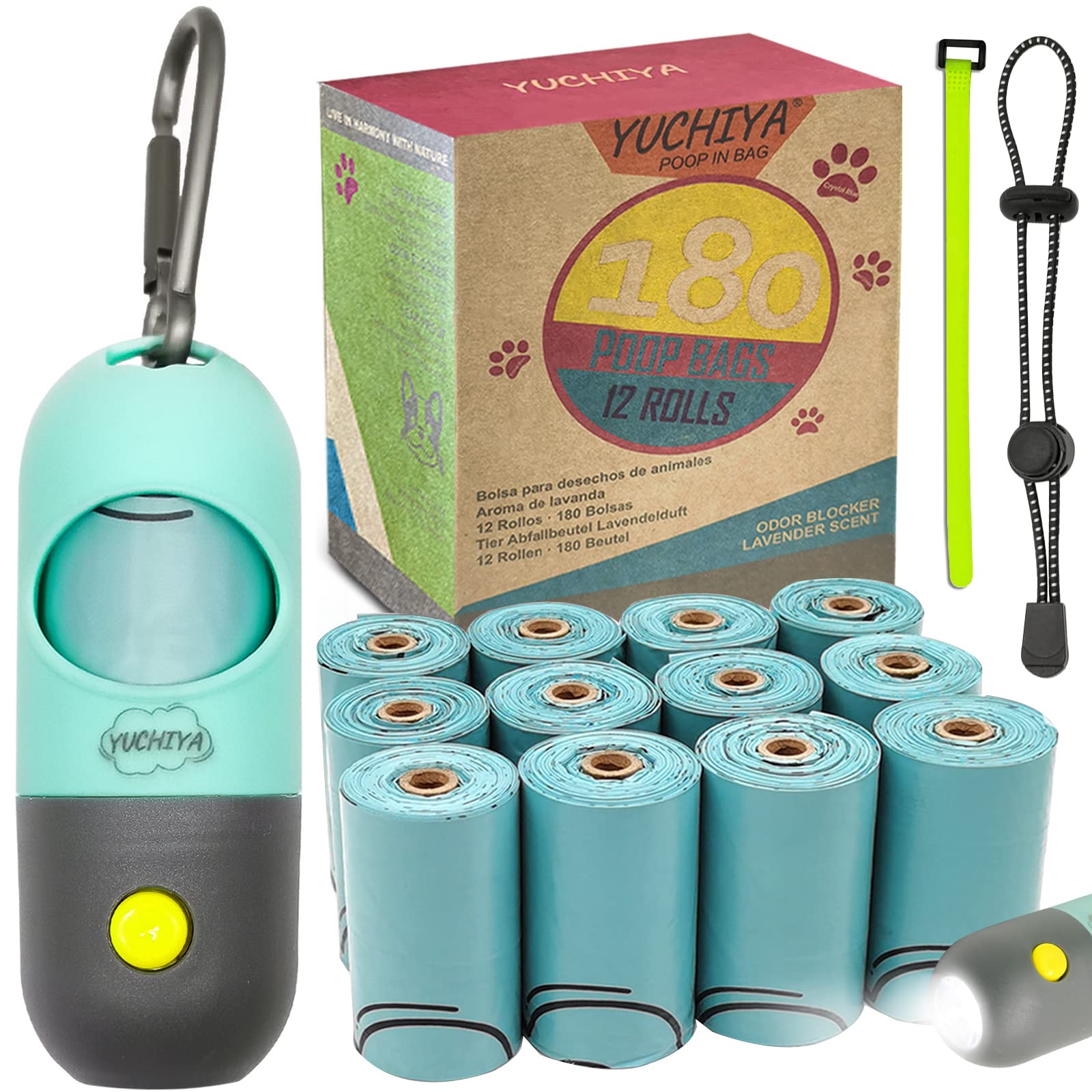 LED Dog Poop Bag Holder with Flashlight | Leash-Mounted Pet Waste Dispenser | Leak-Proof Doggie Potty Bags Container (195 Bags Included, Mint Green) - Perfect for Night Walks, Park Visits & Outdoor Adventures