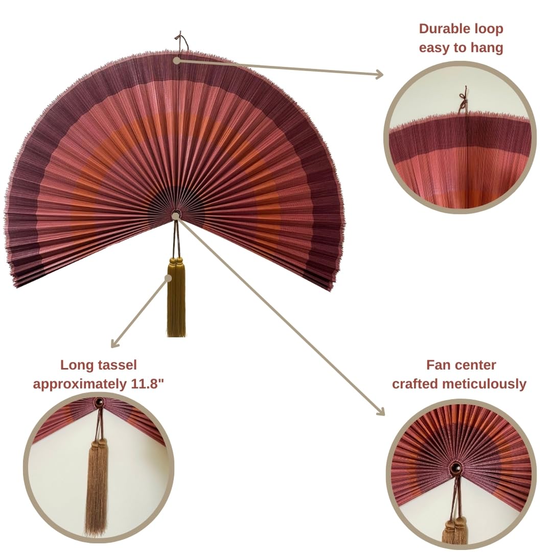 Large Japanese Bamboo Fan Wall Decor - 60 Inch Boho Hanging Headboard Art, Decorative Folding Fan for Over Bed Decor, Terracotta Wall Art for Living Room, Bedroom & Zen Home Decor
