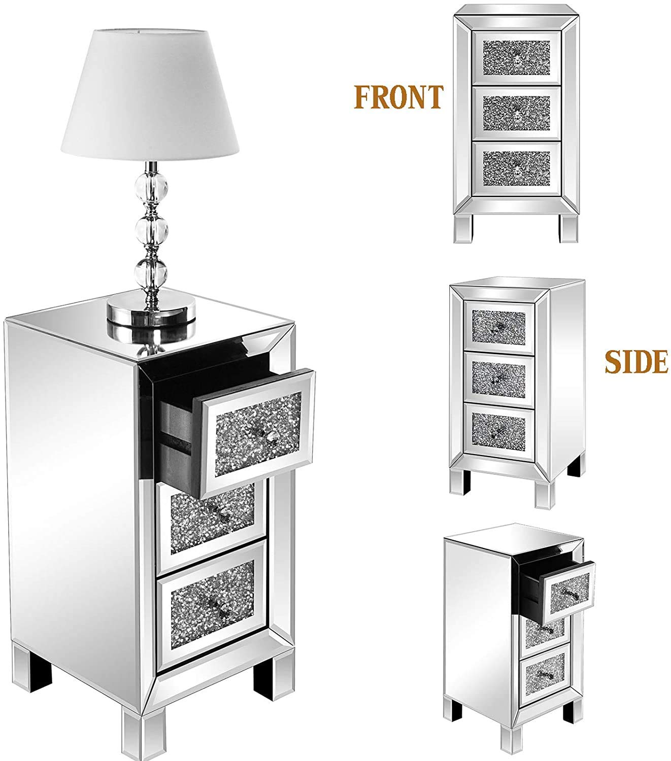 Mirrored Nightstand Set of 2 - Silver Finish Bedside Table with 3 Crushed Crystal Drawers, Elegant Accent Cabinet for Bedroom & Living Room - Perfect for Storing Jewelry, Books & Bedroom Essentials