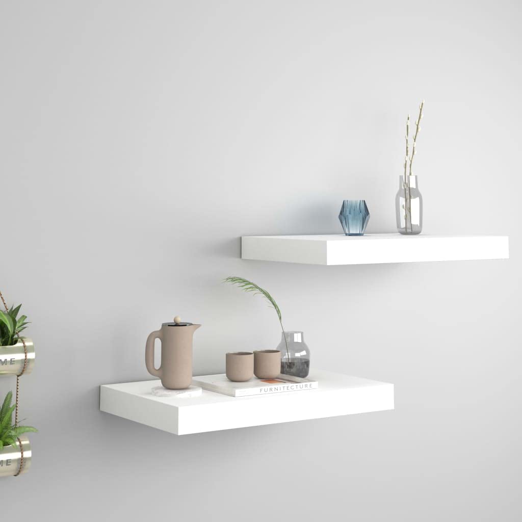 Modern Floating Wall Shelves Set of 2 - White MDF Decorative Ledges for Bedroom, Living Room, Kitchen & Office - 15.7