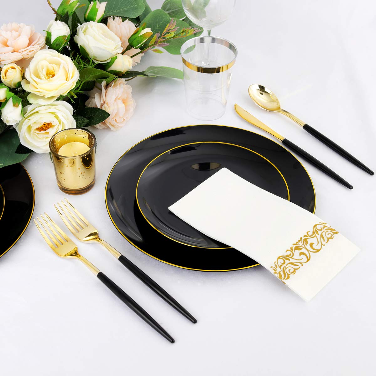 Premium 350-Piece Black Plastic Dinnerware Set with Gold Rim - Elegant Black & Gold Plastic Plates, Forks, Knives, Spoons & Cups - Perfect for Weddings, Christmas Parties & Formal Events