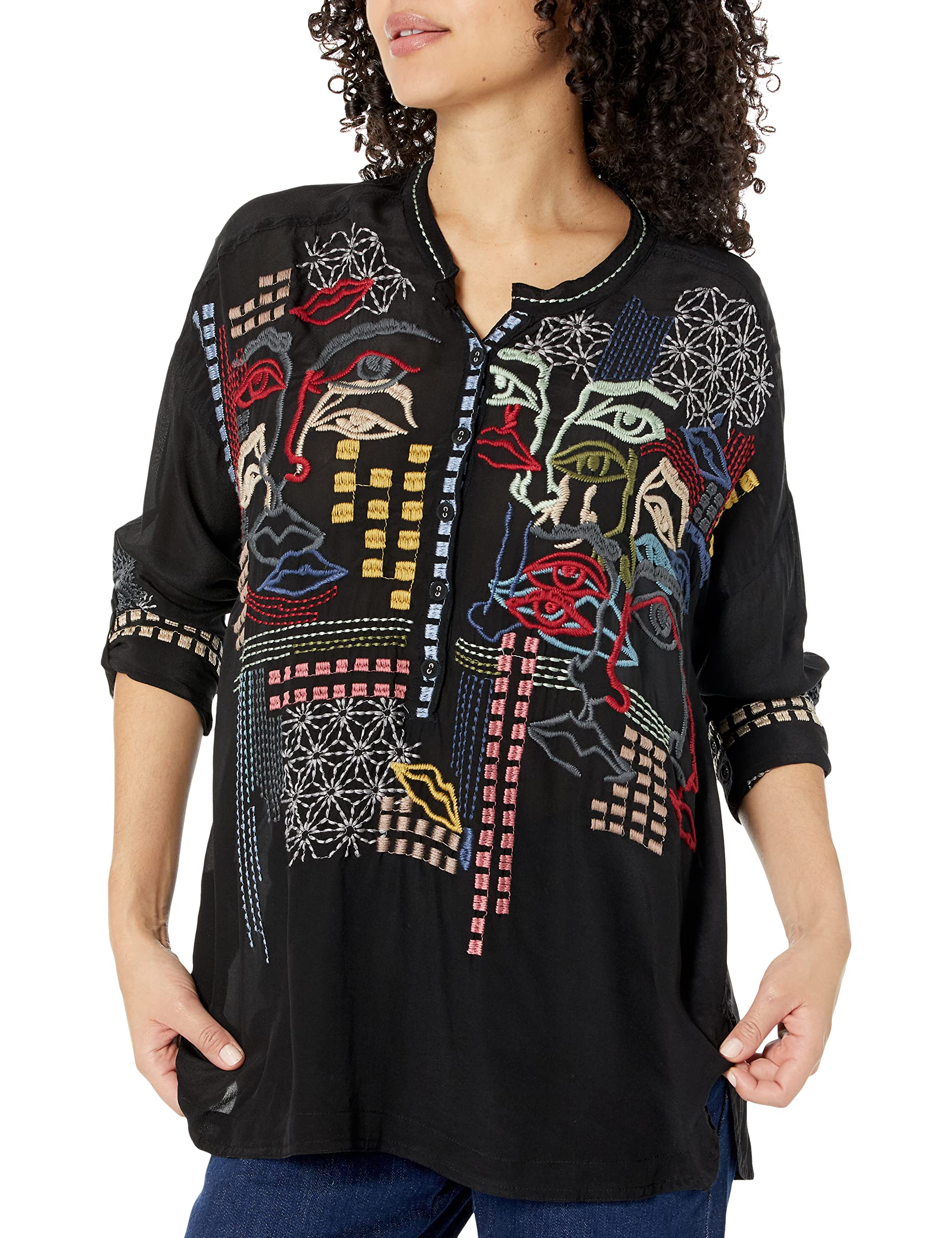 Johnny Was Women's Embroidered Long Sleeve Blouse - Elegant Boho Top for Casual Wear, Office & Special Occasions