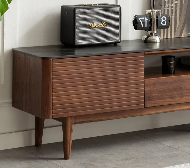Black Walnut Solid Wood TV Stand with Slate Top - Rustic Modern Entertainment Center for Living Room, Bedroom & Home Theater