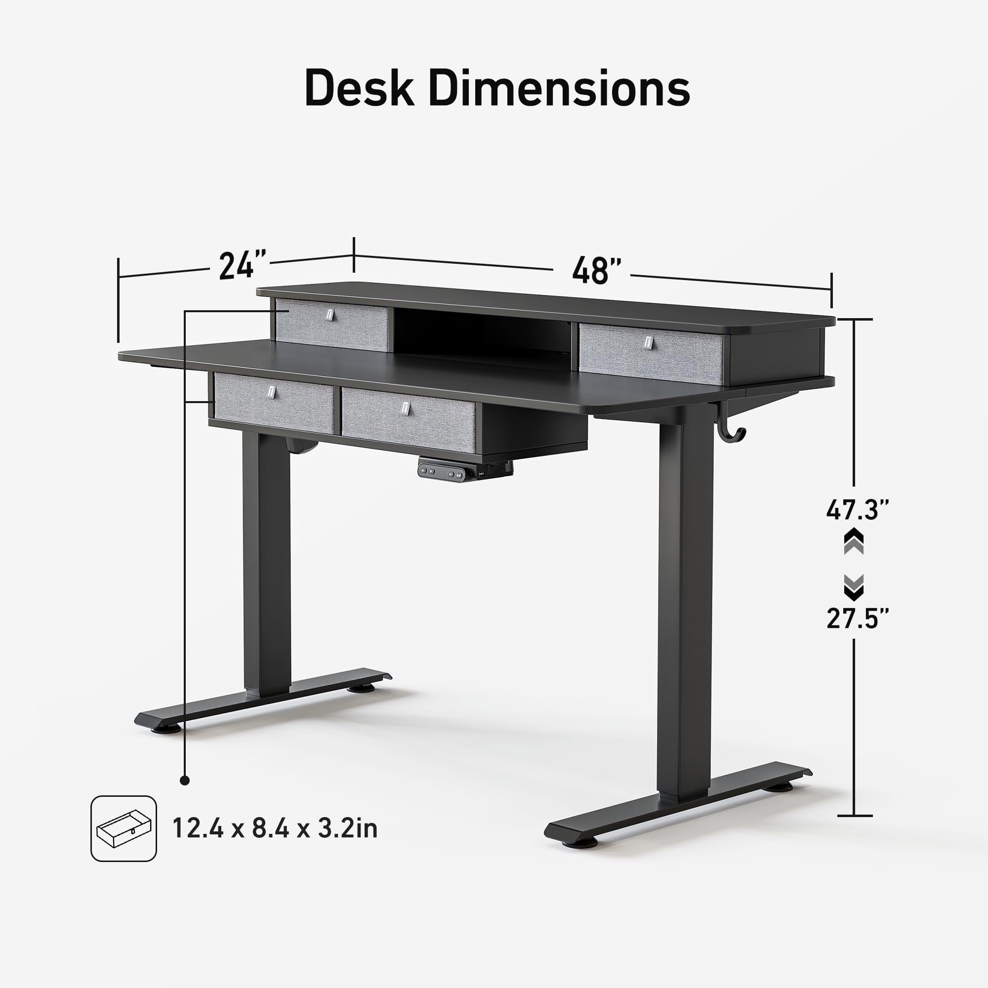 FEZIBO 48 x 24 Inch Electric Standing Desk with Drawers - Adjustable Height Sit Stand Workstation, Black Desktop with Large Storage Shelf | Perfect for Home Office, Gaming Setup & Workspace Ergonomics