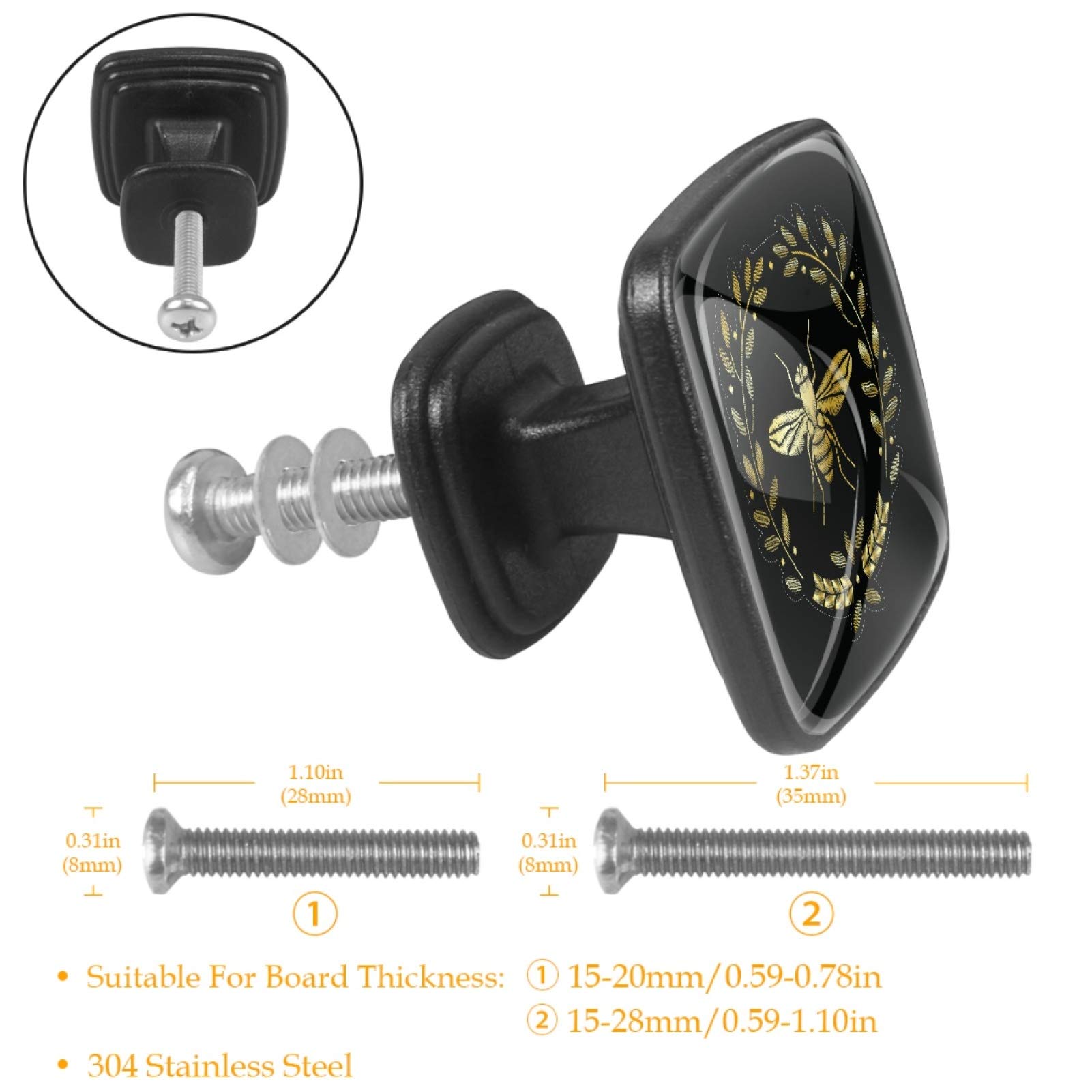 4 Pcs Golden Flying Bee Cabinet Handles - Square Drawer Pulls & Knobs with Screws for Furniture & Office Cabinets - Elegant Home & Office Decoration