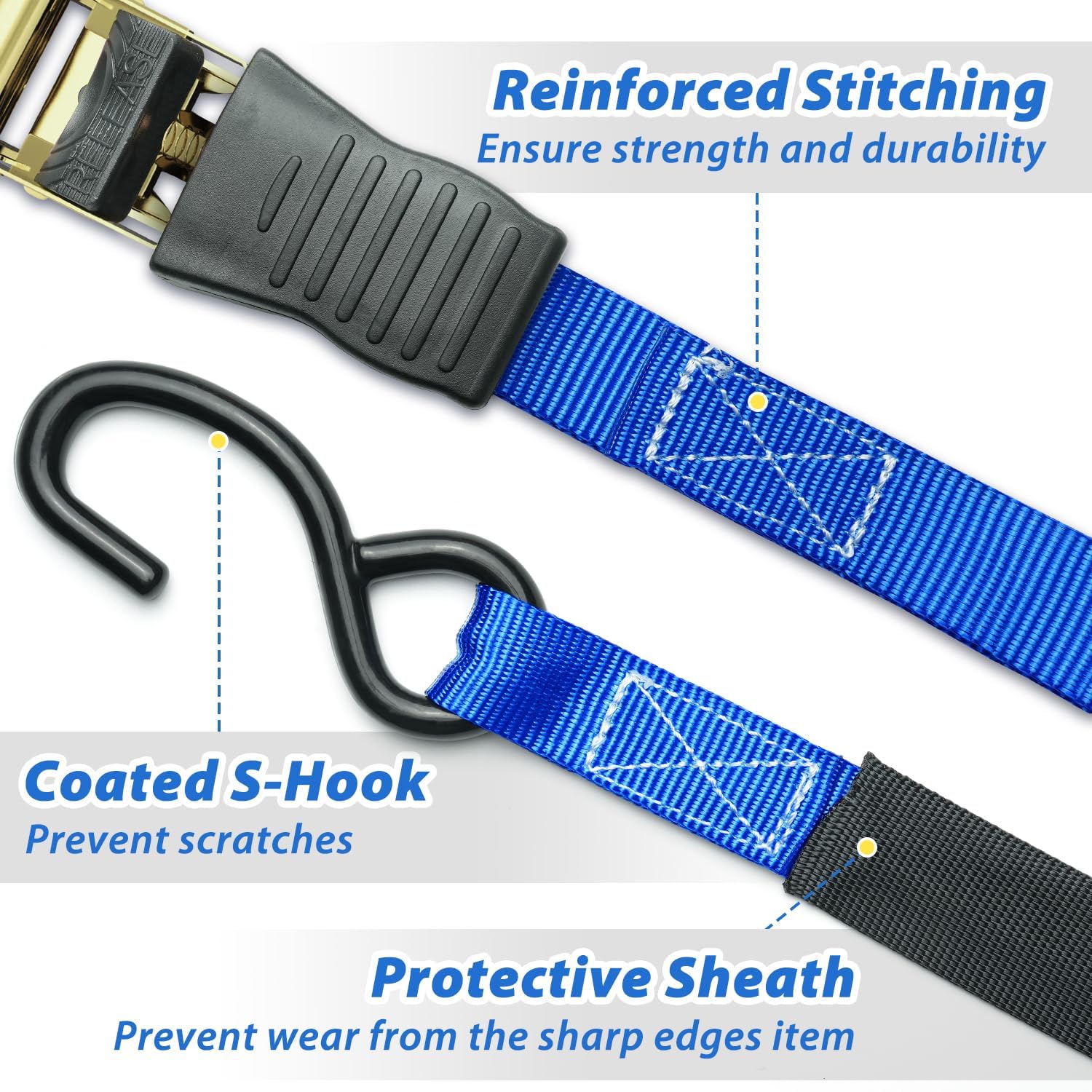 Ohuhu 4-Pack Heavy Duty Ratchet Straps - 500 lbs Capacity, 1500 lbs Break Strength - Secure Motorcycle, Appliances & Cargo - Blue Tie Down Straps for Moving, Trucking & Logistics