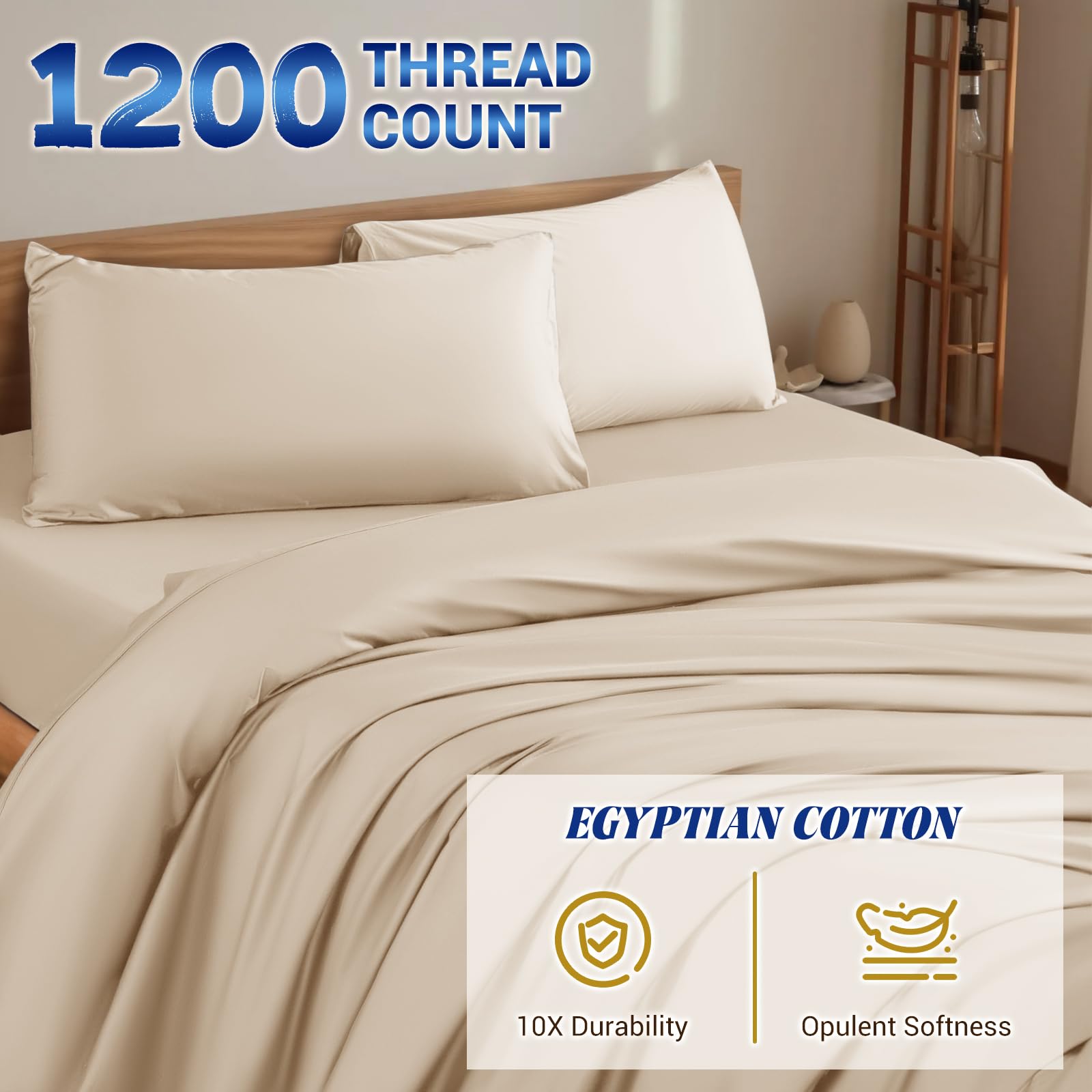 Luxury 1200 Thread Count 100% Egyptian Cotton Sheets Set - 5-Star Hotel Quality, Breathable & Cooling Bedding - 16 Inch Deep Pocket - 4 Piece Queen Size (Beige) | Perfect for Master Bedrooms, Guest Rooms & Luxury Hotels