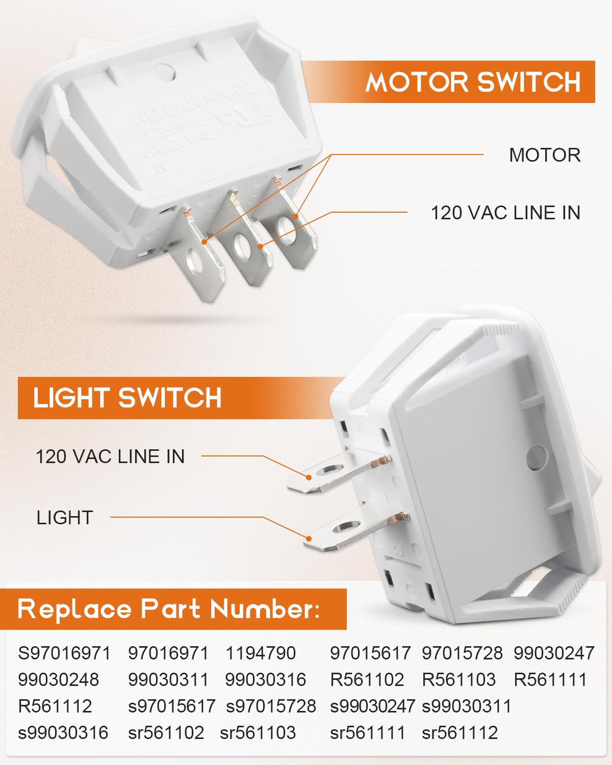 Broan Range Hood Fan Motor and Light Switch Kit Replacement - Compatible with Models S97016971, 97016971, 1194790, 97015617, 97015728 - Perfect for Kitchen Ventilation Repair and Maintenance