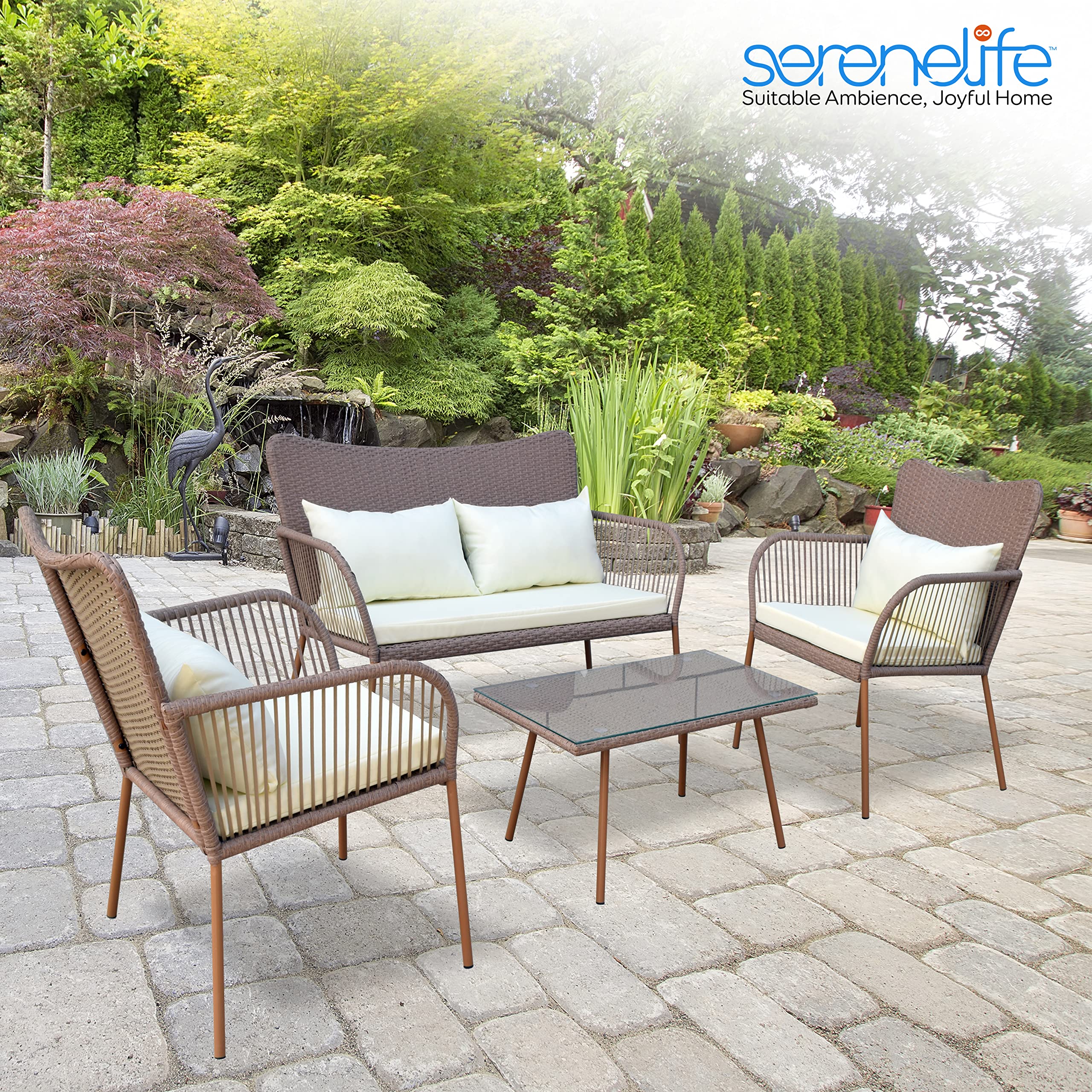 SereneLife 4-Piece Outdoor Rattan Patio Furniture Set with Cushions - 1 Double Sofa, 2 Single Chairs & Glass-Top Coffee Table (Beige) - Perfect for Garden, Poolside, and Backyard Relaxation
