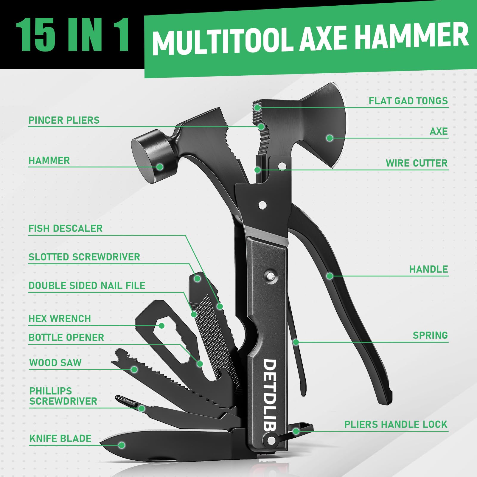 15-in-1 Multitool Axe Hatchet - Perfect Camping & Hiking Essential Tool for Men, Dad, Husband - Durable Black Outdoor Survival Gear - Great Birthday Gift for Him - Ideal for Backpacking, Wood Cutting & Emergency Situations