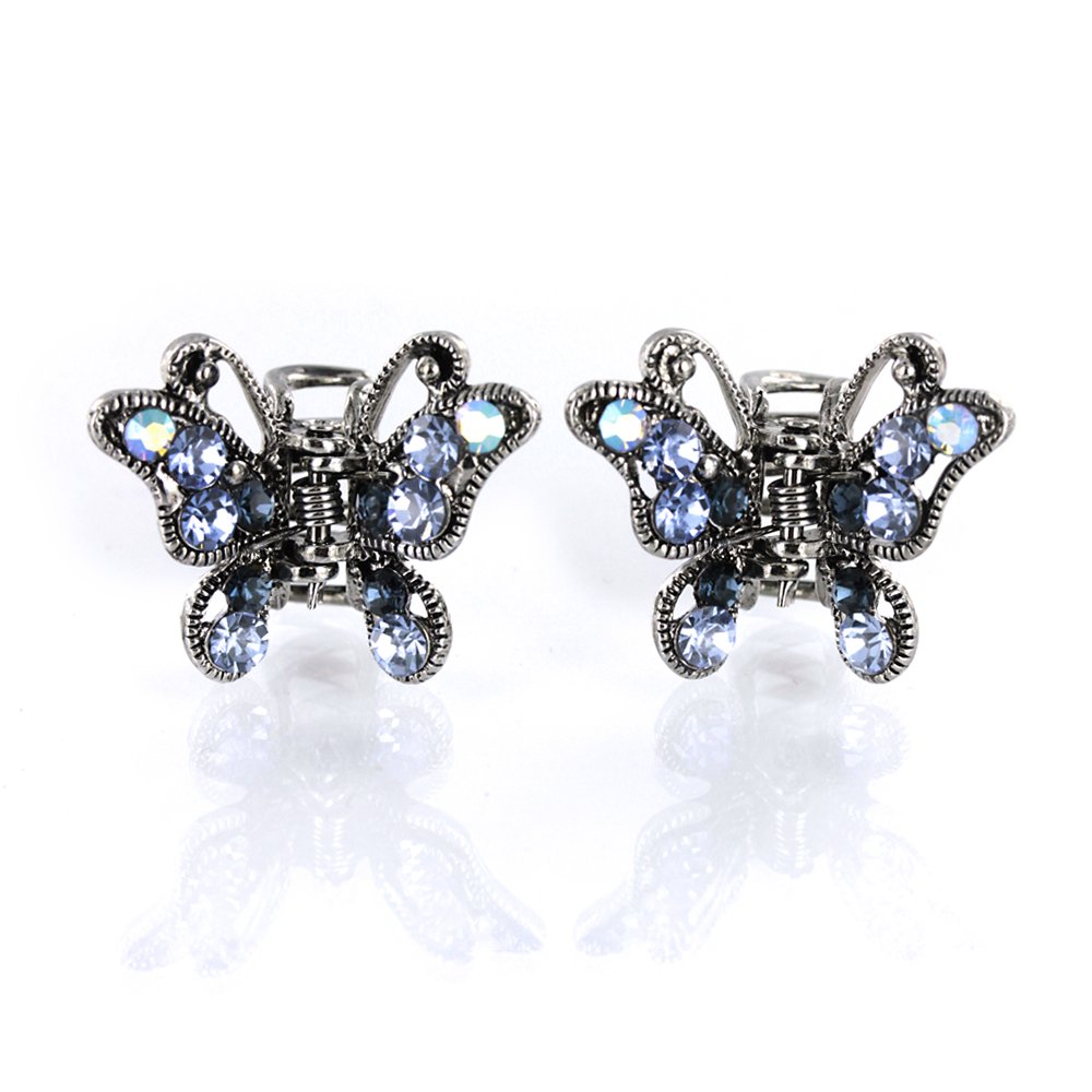 Vintage Butterfly Rhinestone Crystal Hair Claw Clips - Small Decorative Hair Jaw Clips Set of 2, Blue | Perfect for Women's Hairstyles, Parties, Weddings & Everyday Use