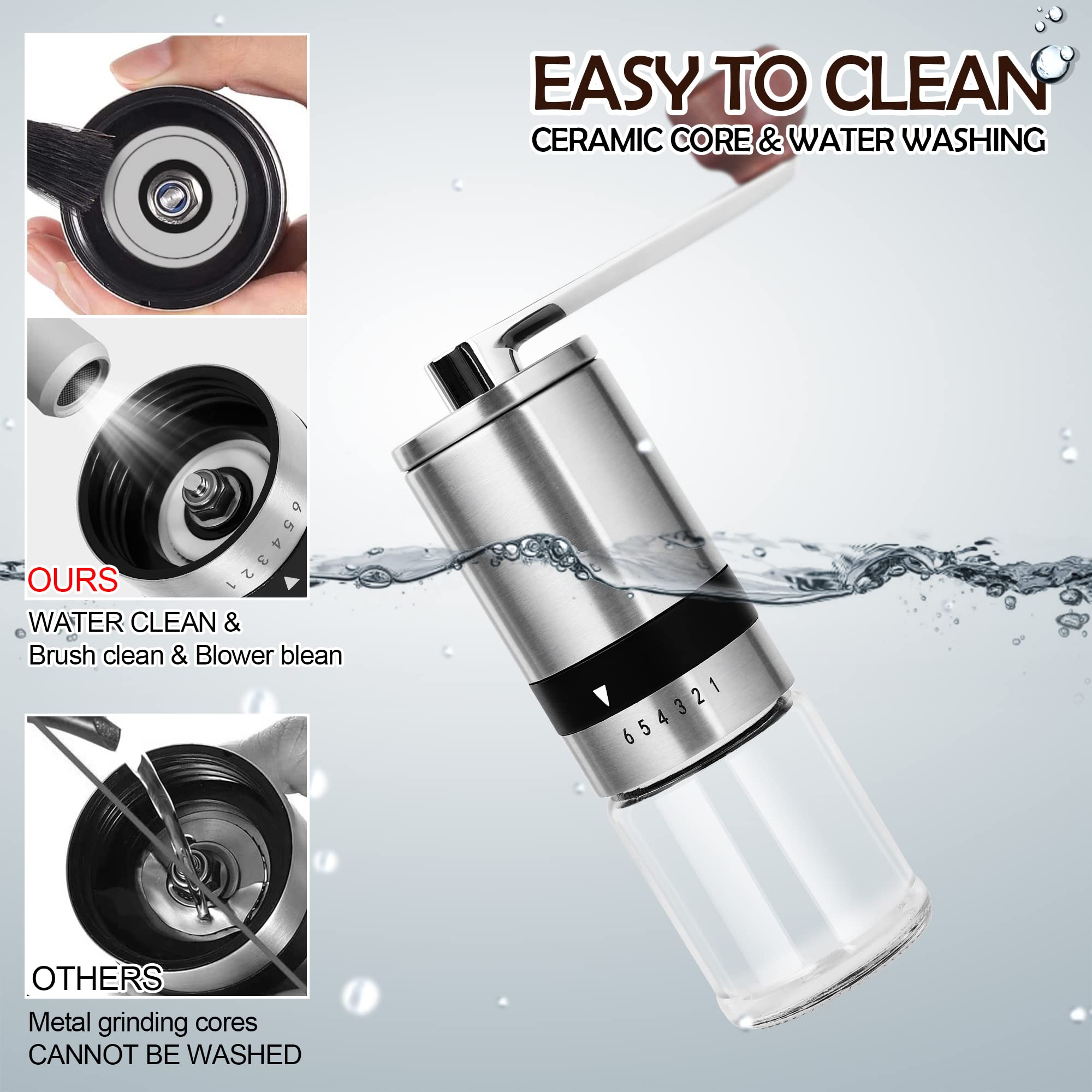 Premium Manual Stainless Steel Coffee Grinder - 6 Adjustable Grind Settings, Ceramic Burr Mill for Espresso, French Press & Drip Coffee | Portable Hand Crank Design Perfect for Camping, Travel & Home Brewing (TRIPLE TREE Brand)