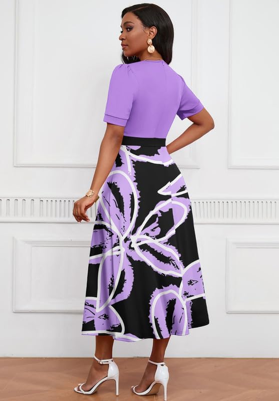 Women's Midi Dresses - V Neck A-Line Swing Dress for Cocktail Party, Church & Tea Time - Short Sleeve Flowy Summer Dress | Perfect for Weddings, Brunch & Office Wear