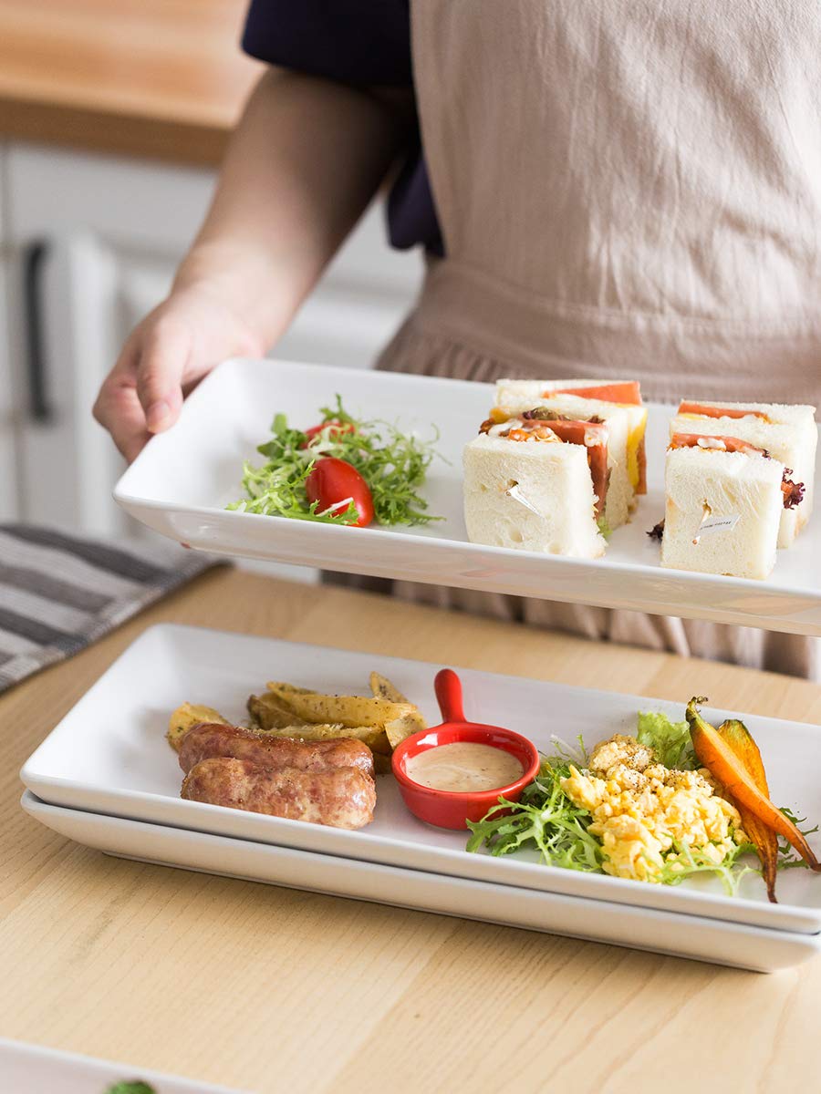 White Porcelain Serving Platters Set of 4 - 14-inch Large Rectangle Trays for Steak, Tacos, Sushi & Appetizers | Christmas Party Entertaining Dishes | Perfect for Holiday Gatherings, Buffet Serving & Home Decor