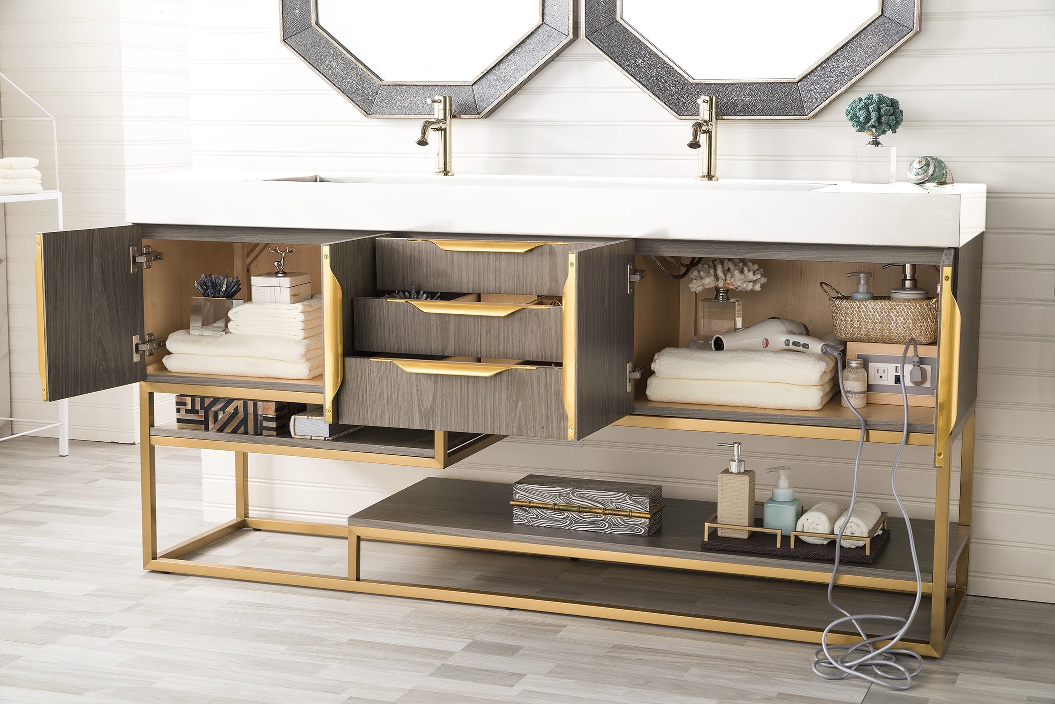 Columbia 72 Inch Double Bathroom Vanity in Ash Gray with Radiant Gold Accents & Glossy White Composite Top - Perfect for Master Bathroom & Luxury Home Renovation