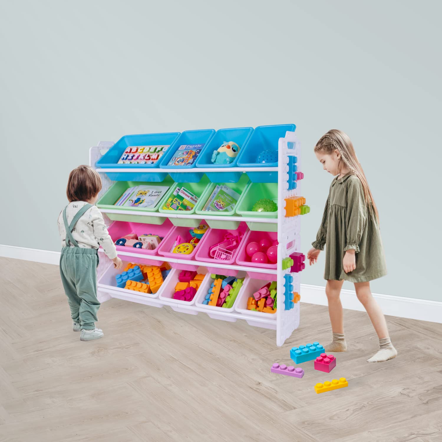 UNiPLAY 16-Bin Toy Storage Organizer with Removable Bins & Baseplate Frame - Kids Books, Building Blocks, School Supplies & Toys Storage Solution (Pink) - Perfect for Playrooms, Classrooms & Home Organization
