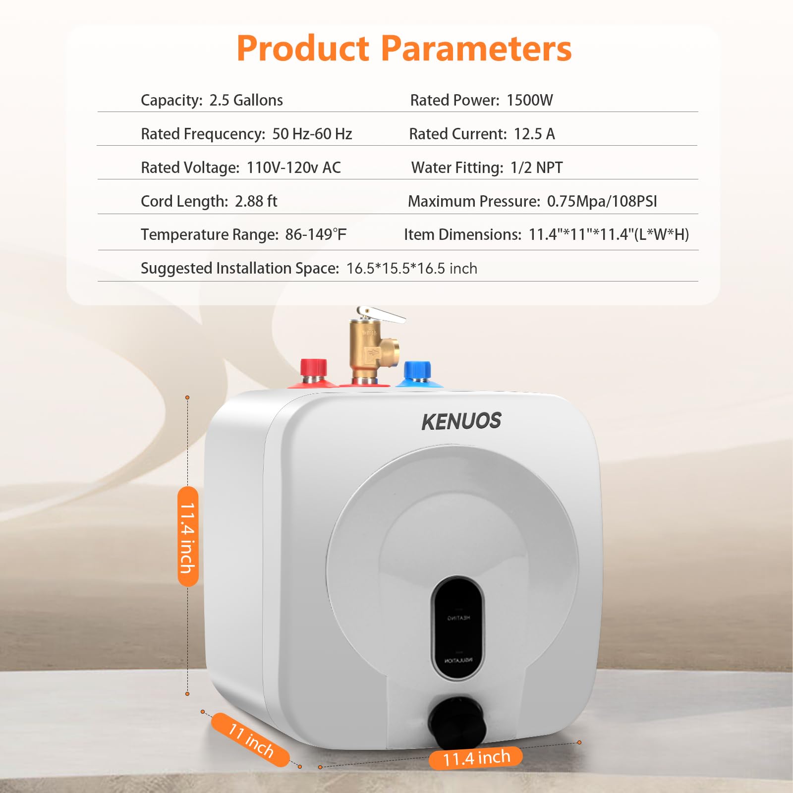 2.5 Gallon Mini Tank Water Heater - Under Sink Instant Hot Water System, 1500W 120V Compact Electric Water Heater with 1/2