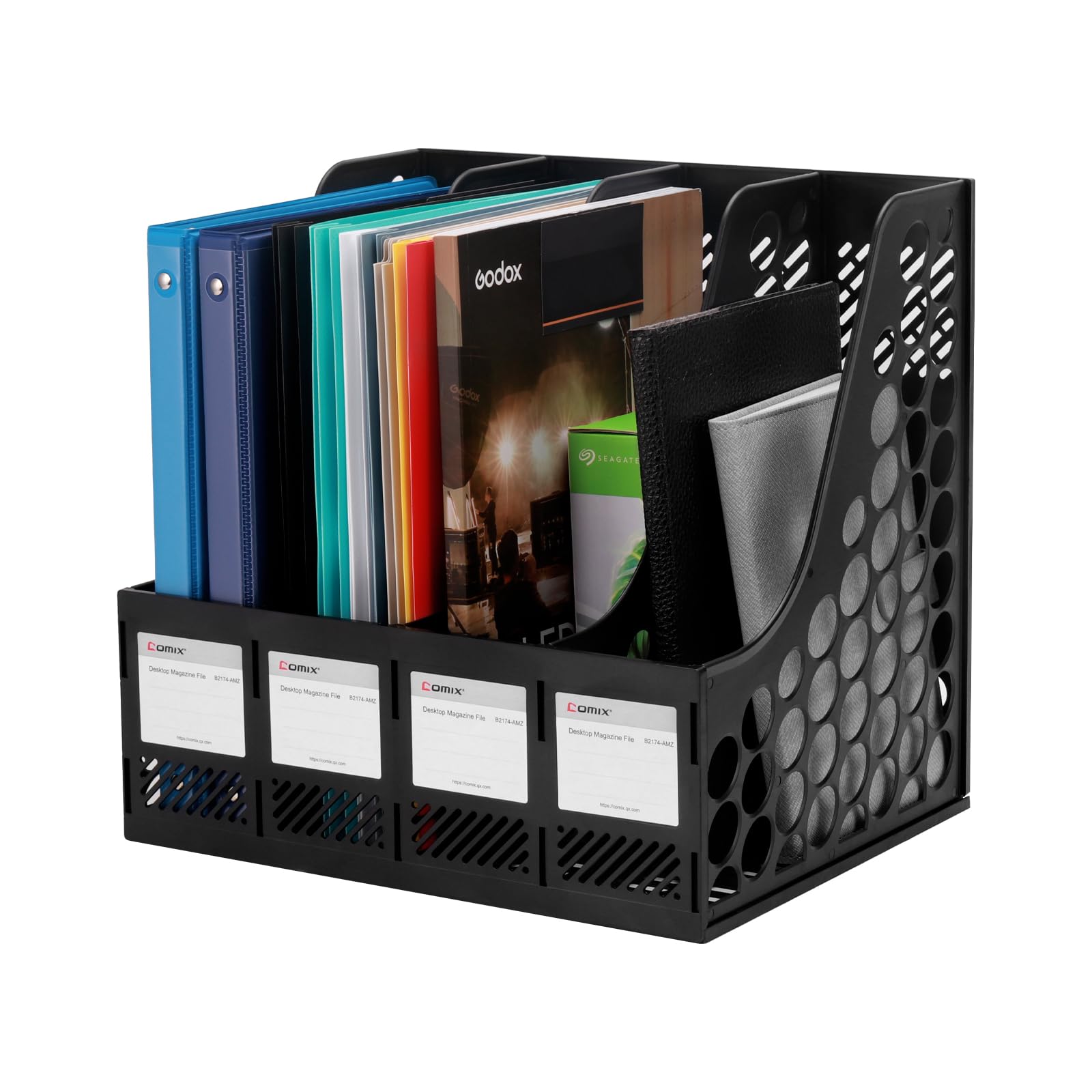 Comix Vertical Desktop File Organizer - 4 Compartment Plastic Magazine & Book Holder for Folders, Binders, Documents - Black | Perfect for Office, Home & School Organization