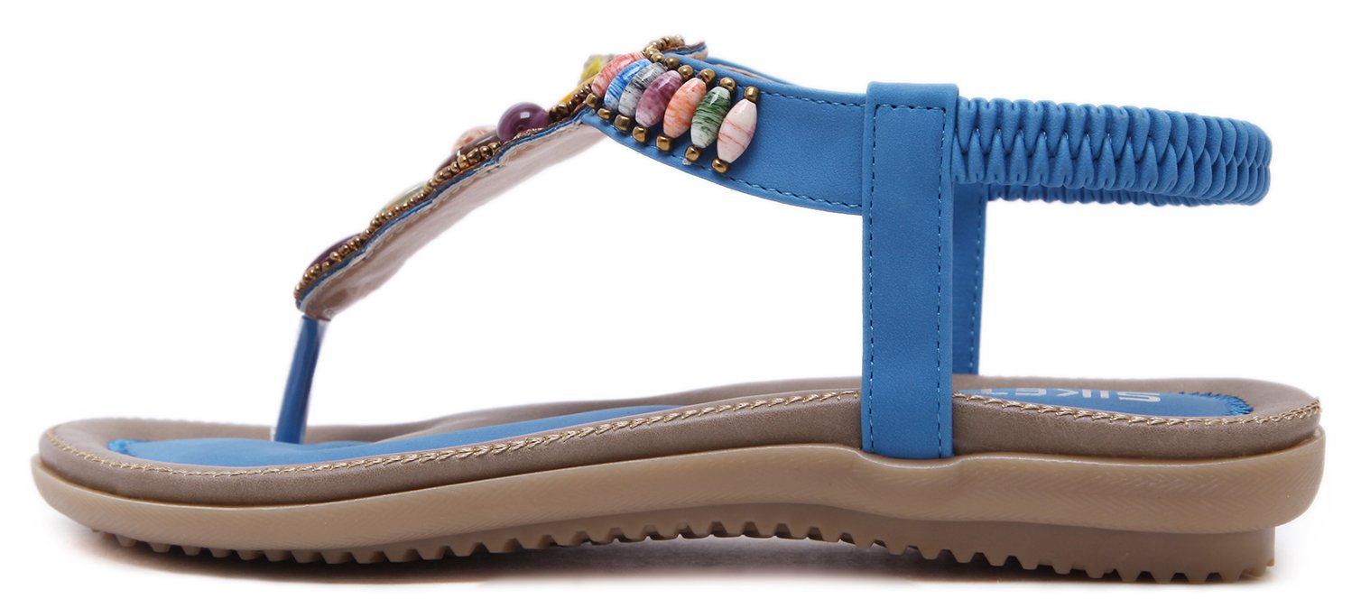 Stylish Summer T-Strap Flat Sandals for Women - Open Toe Thong Sandals with Beaded Gemstone Decorations | Comfortable Beach Shoes for Vacation, Pool Party & Casual Outings