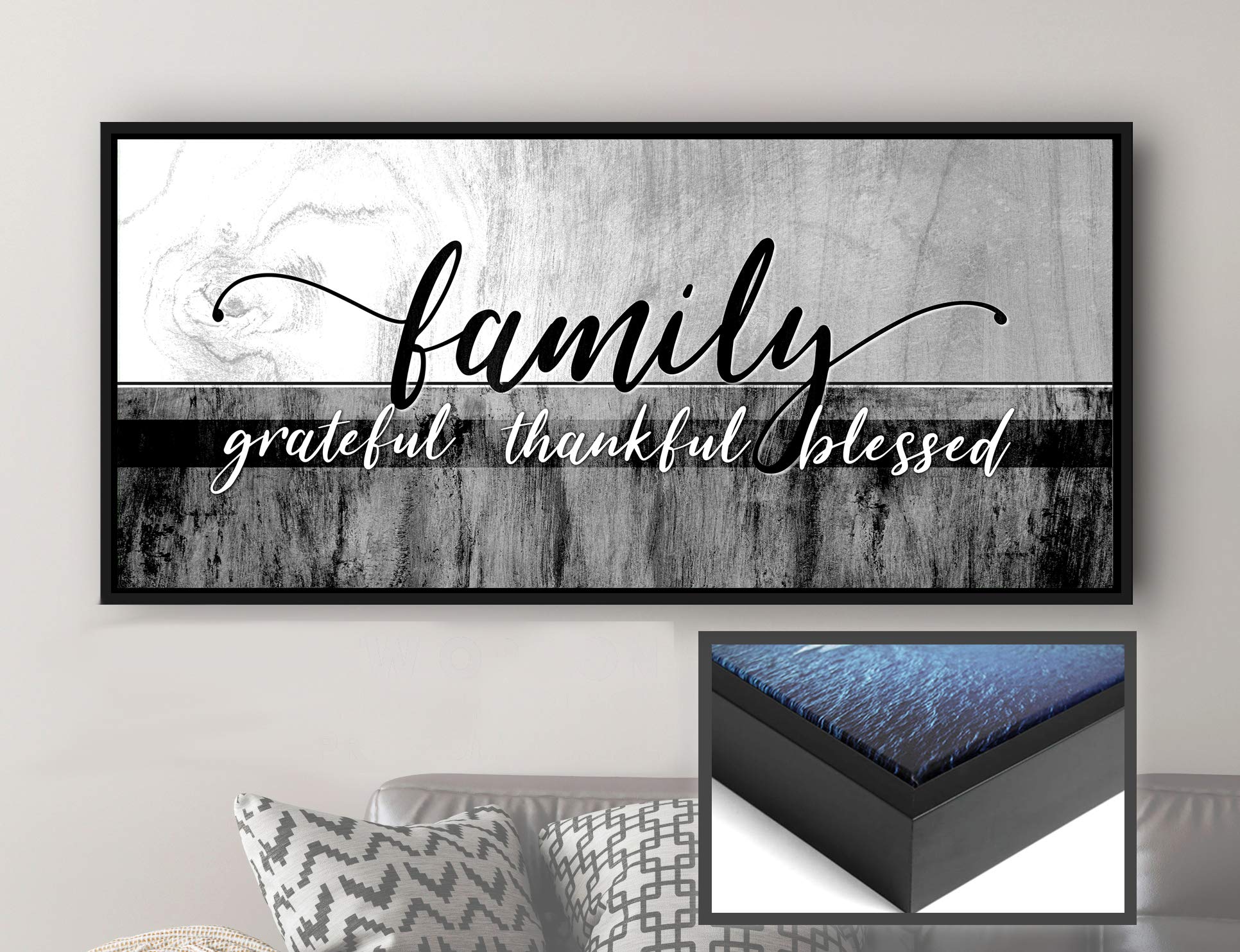 Christian Family Wall Decor - Grateful Thankful Blessed Sign with Black Floating Frame (42x19 Inches, Grey) - Perfect for Living Room, Bedroom & Home Decor