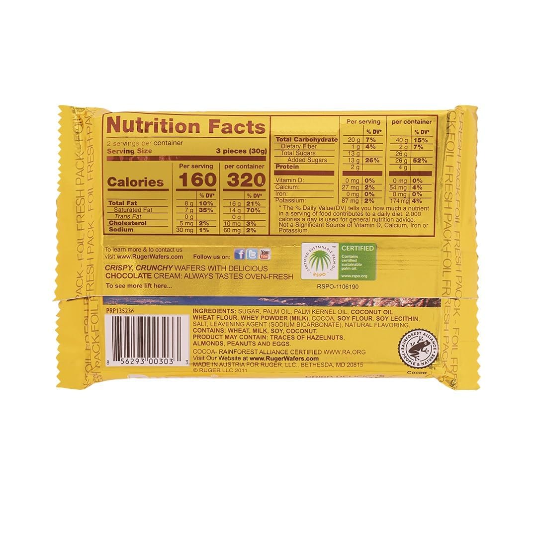 Ruger Austrian Chocolate Wafers - 12 Pack (2.125 oz Each) | Crispy Creamy Chocolate Snacks with Natural Ingredients | Long Shelf Life | Perfect for Office Snacks, Dessert Toppings & Gift Baskets