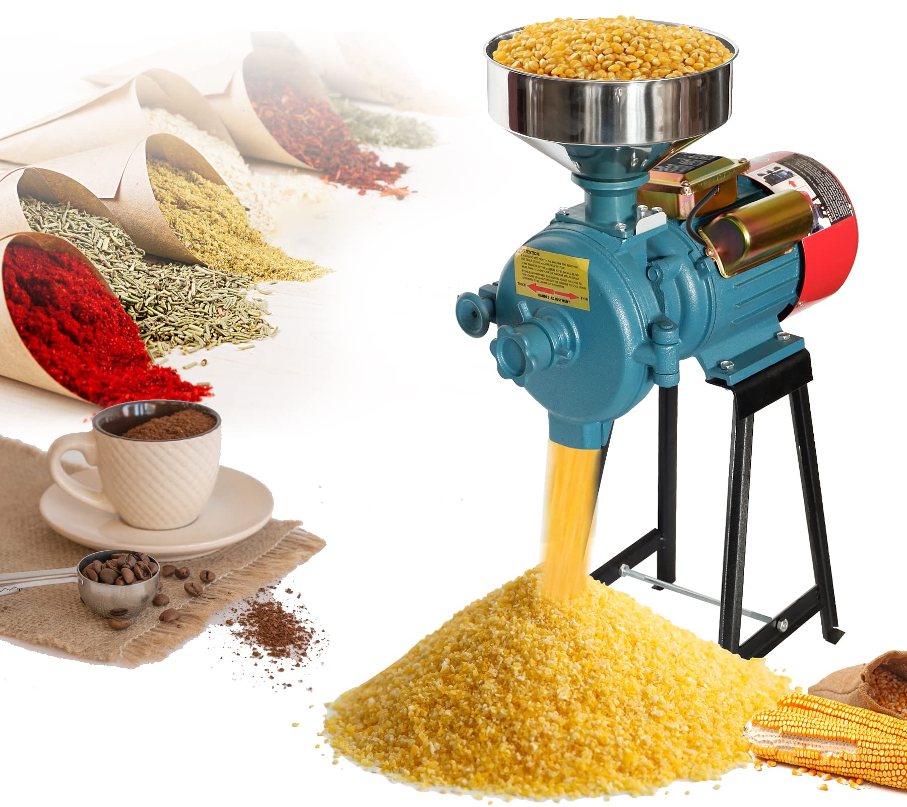 3000W Electric Corn Grinder Machine - Commercial Grain Mill for Rice, Wheat, Coffee & Maize - Heavy Duty Flour Mill with Funnel - Perfect for Home Baking, Coffee Shops & Farm Feed Preparation (110V)